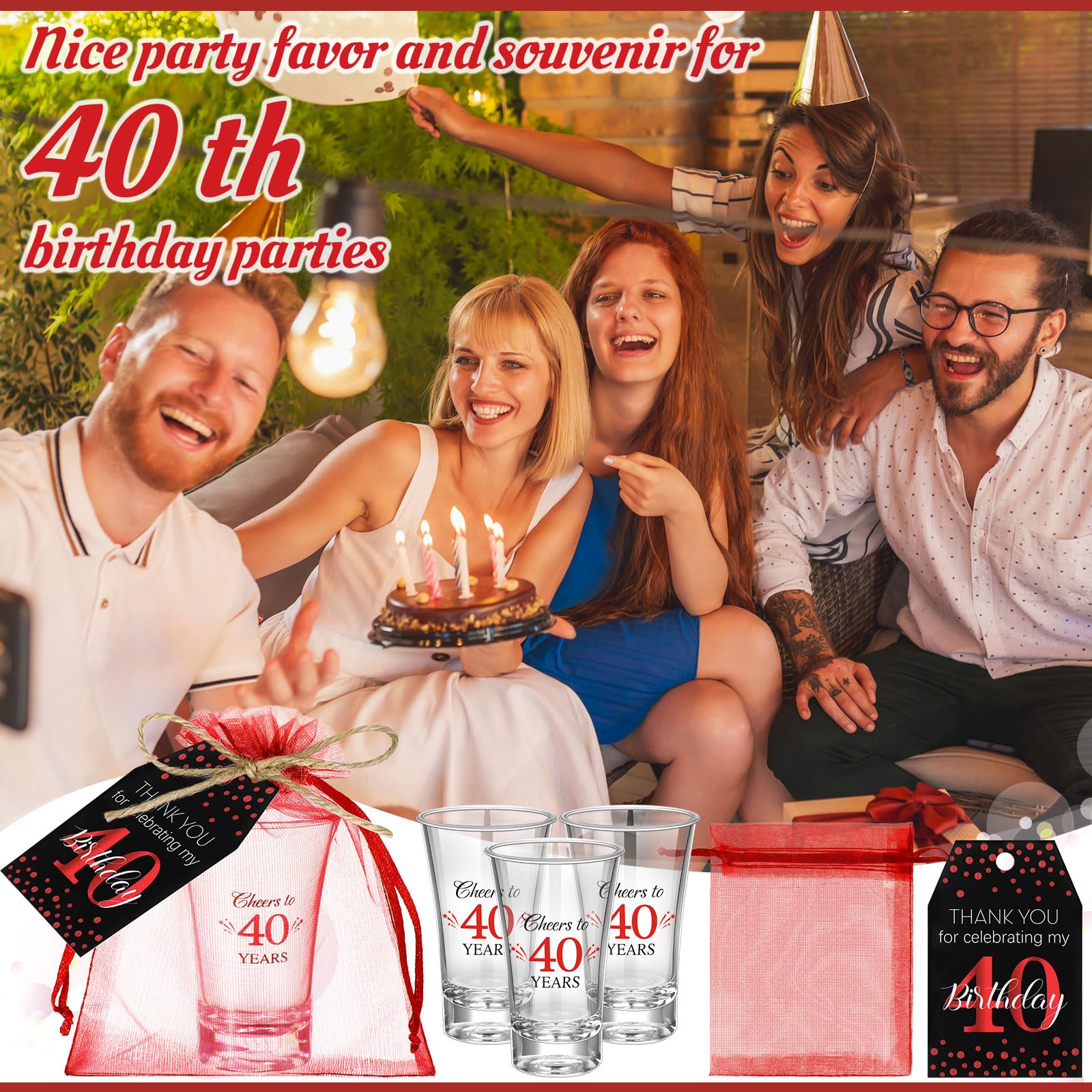 Pickmesh 50 Sets Black Red Birthday Party Favors for Guests Souvenir 40 Years Old Gift Acrylic Clear Shot Glasses with Thank You