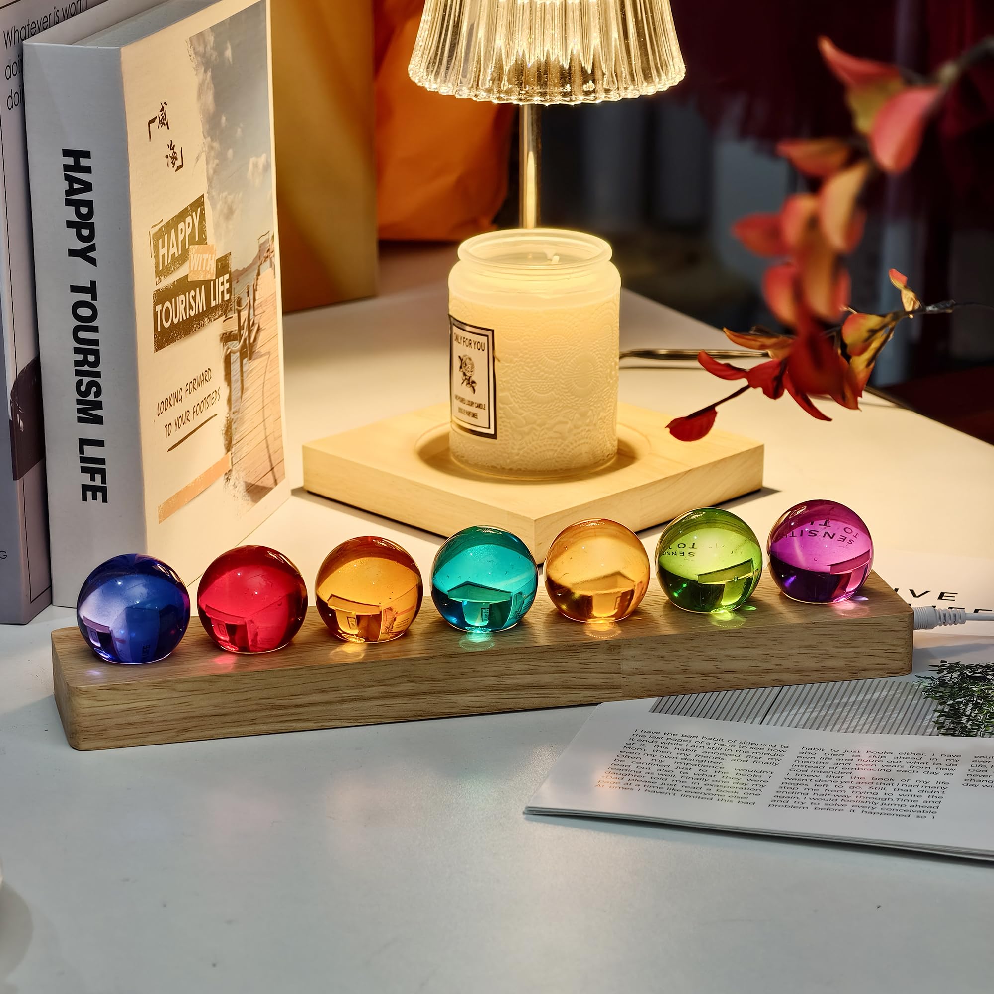 7pcs 40mm Multicolor Crystal Solid Ball Glass Spheres with LED Wooden Base Night Light Decoration Healing Sphere Balls with Stan