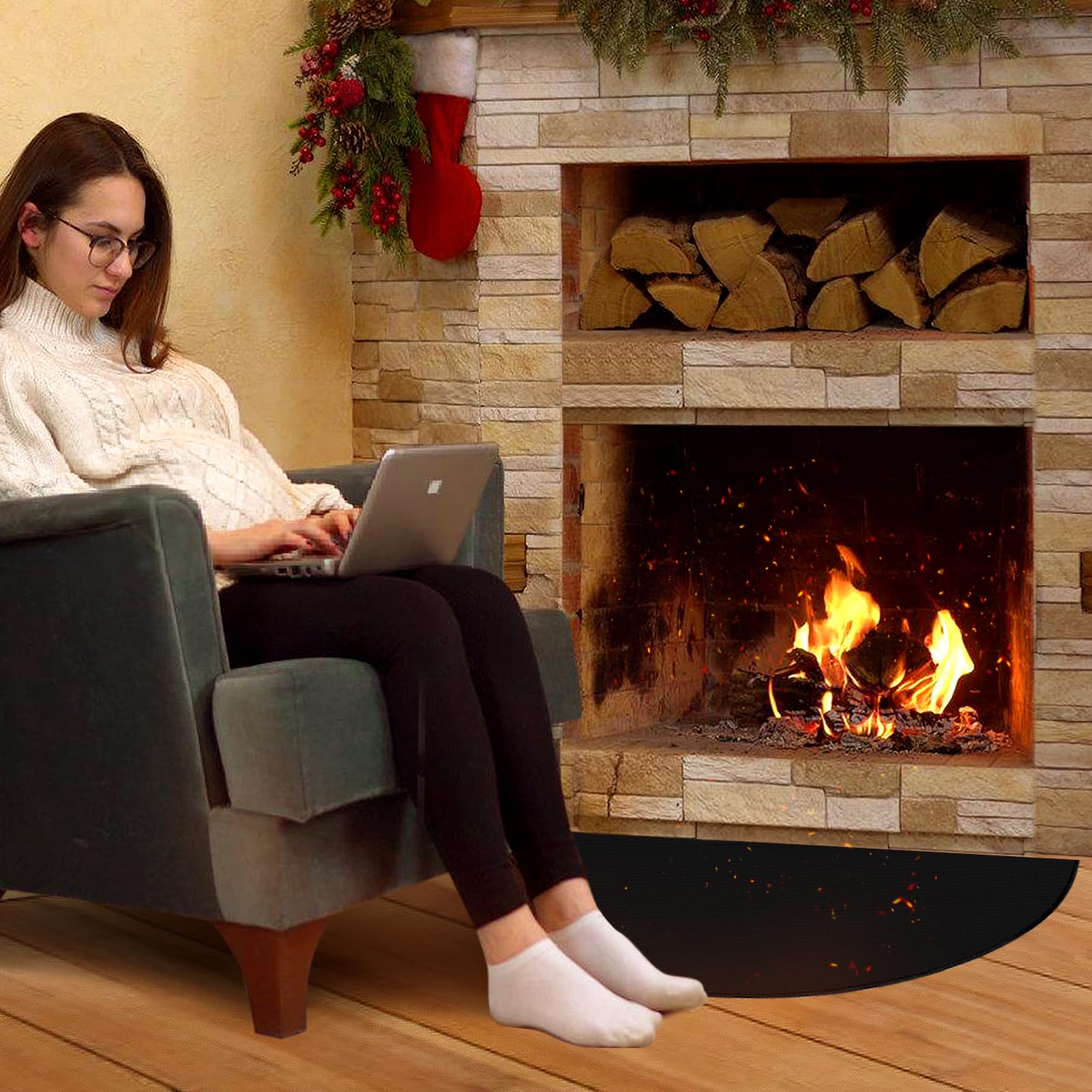Fireproof Fireplace Mat - 48''    27'' X 2/25'' Upgraded 4-Layer Thickened Fire Resistant Mat, Half Round Silicone And Fiberglas