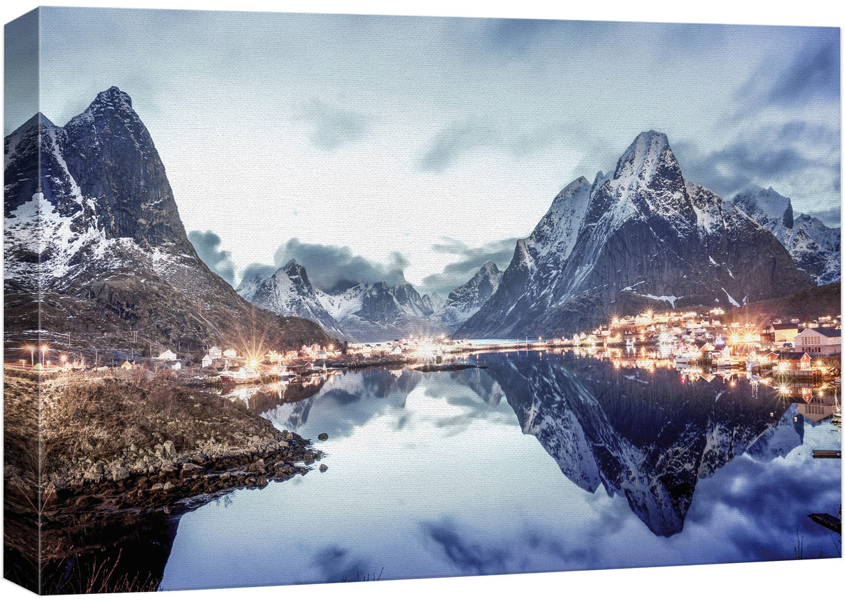 Wall26 Canvas Print Wall Art Winter Snow Mountain City Light Village Nature Wilderness Photography Realism Earth Scenery Rustic
