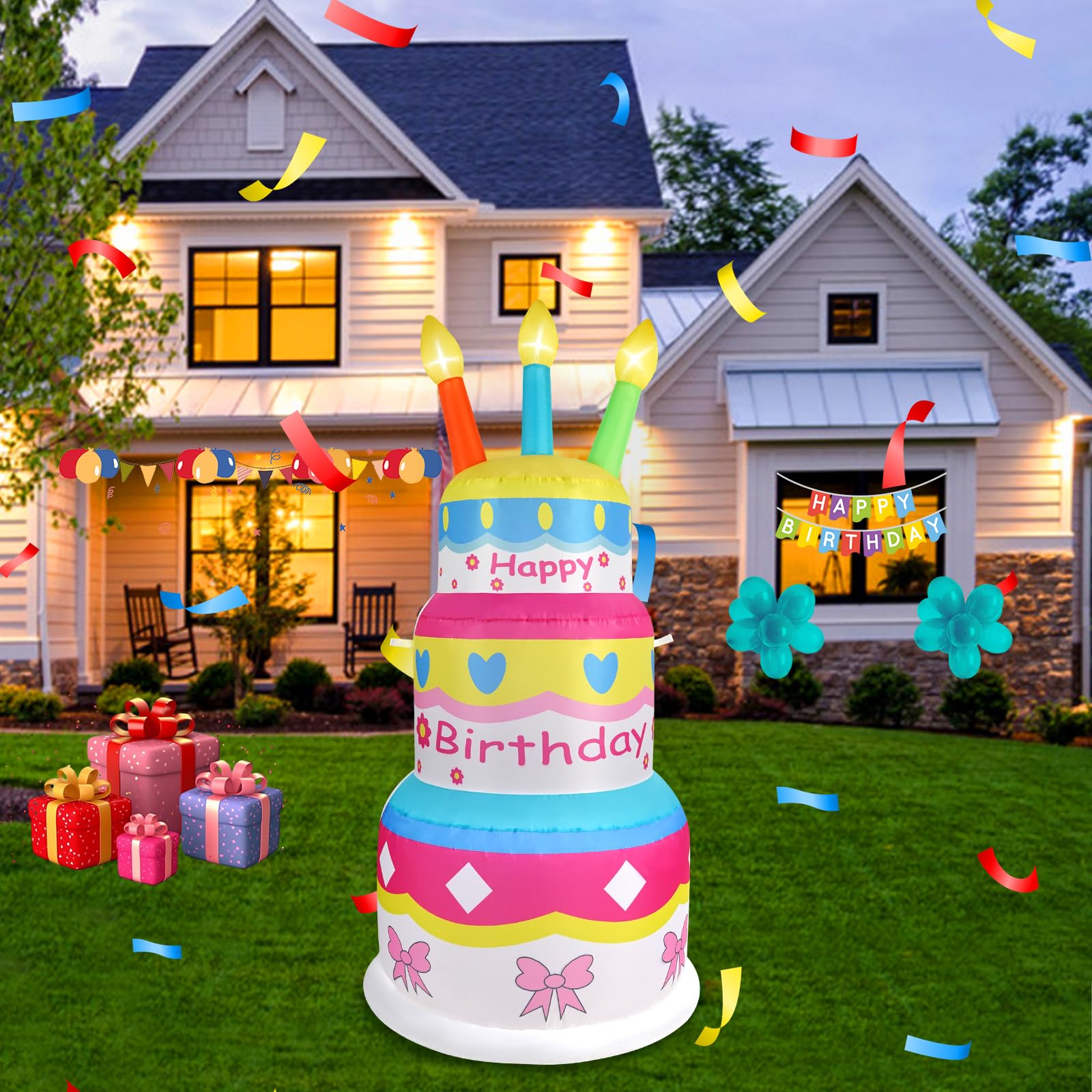 InfleasJoiy 6ft Inflatable Happy Birthday Cake with Candles, Built-in LED Lights, Inflatable Decoration for Indoor and Outdoor Y