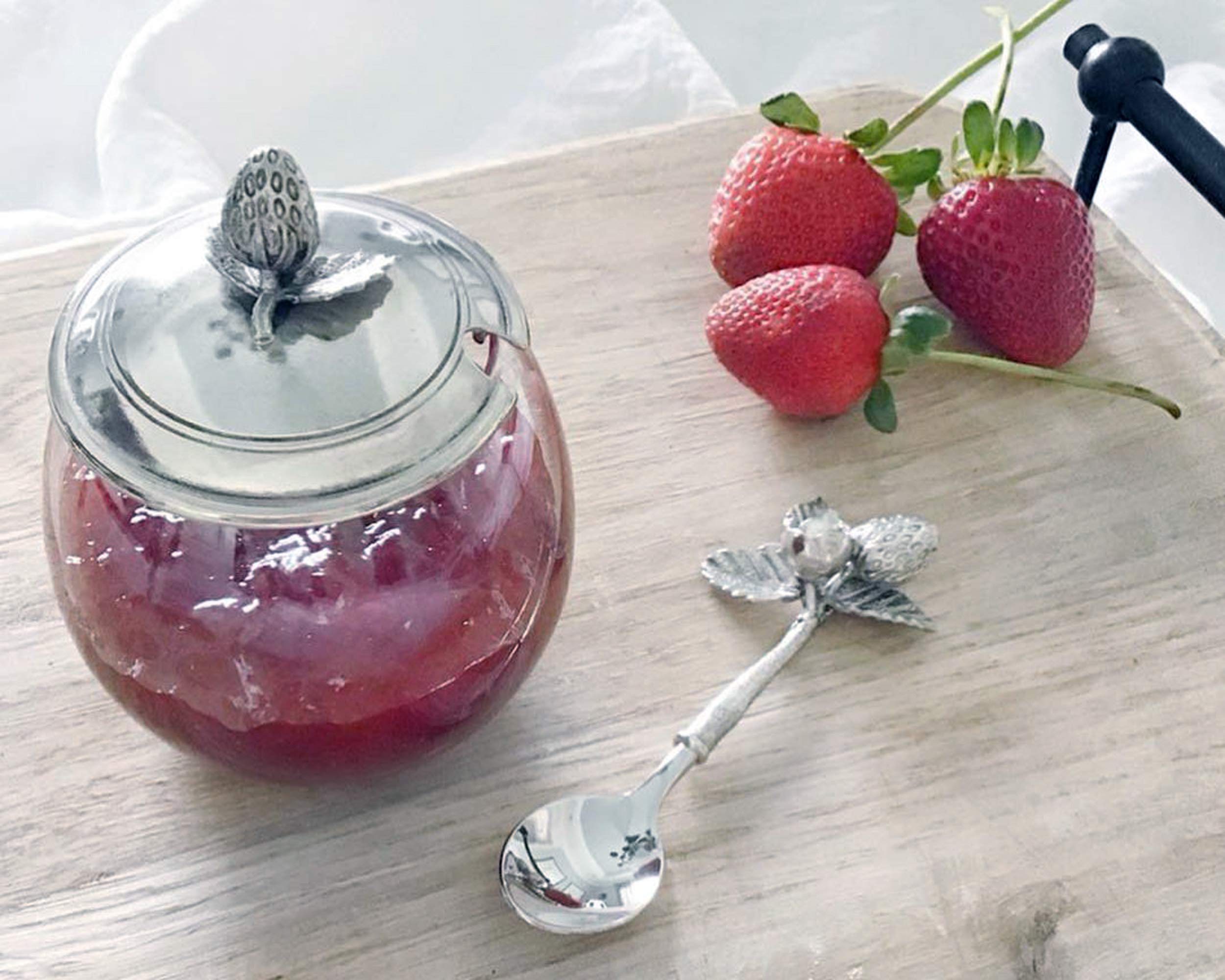 Vagabond House Glass Pot With Pewter Metal Strawberry Jam Jar Jelly Pot With Lid And Serving Spoon 5 Inch Tall 12 Oz