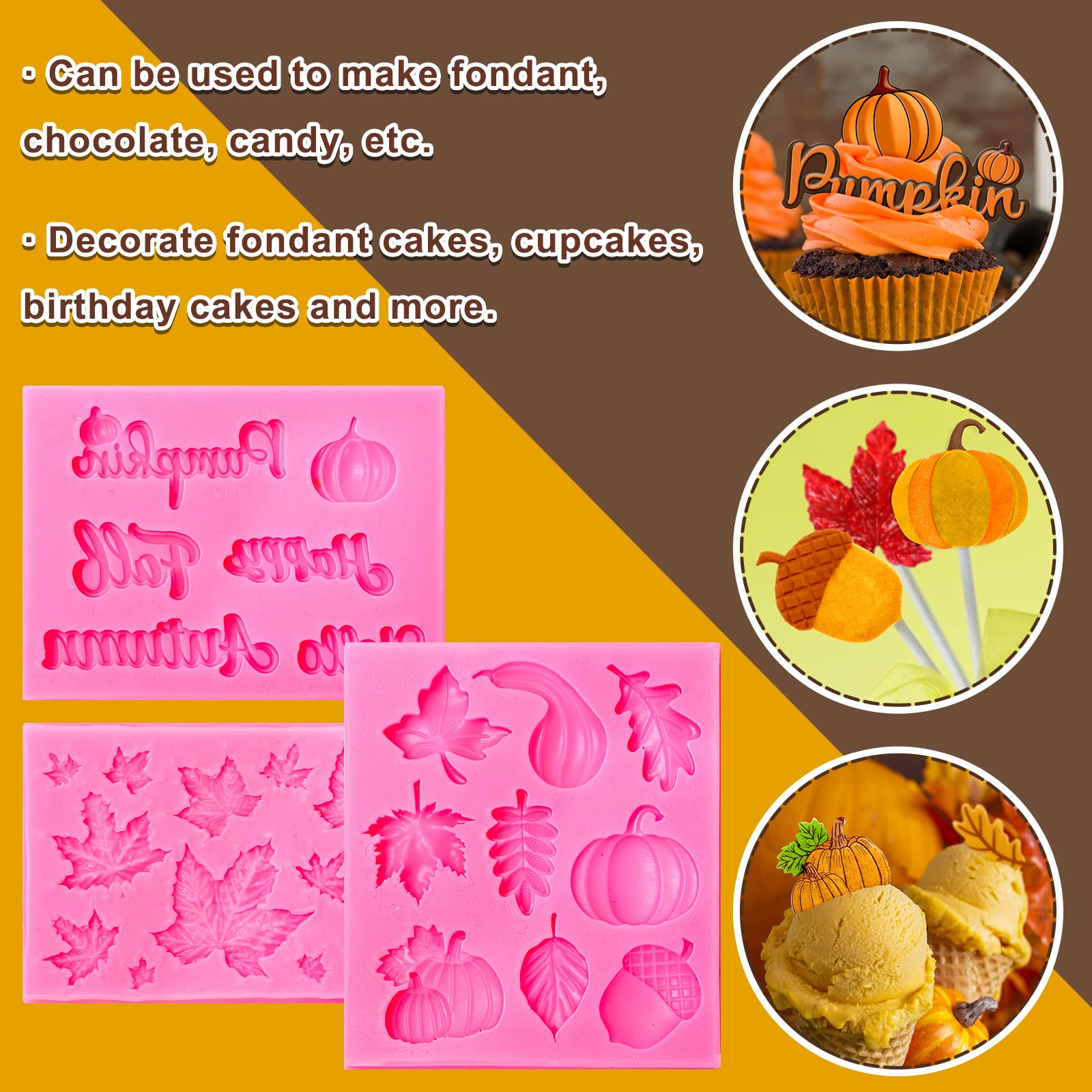 Whaline 3 Pack Fall Fondant Molds Autumn Pumpkin Maple Leaves Silicone Molds Hello Fall Candy Resin Chocolate Baking Mold For Au