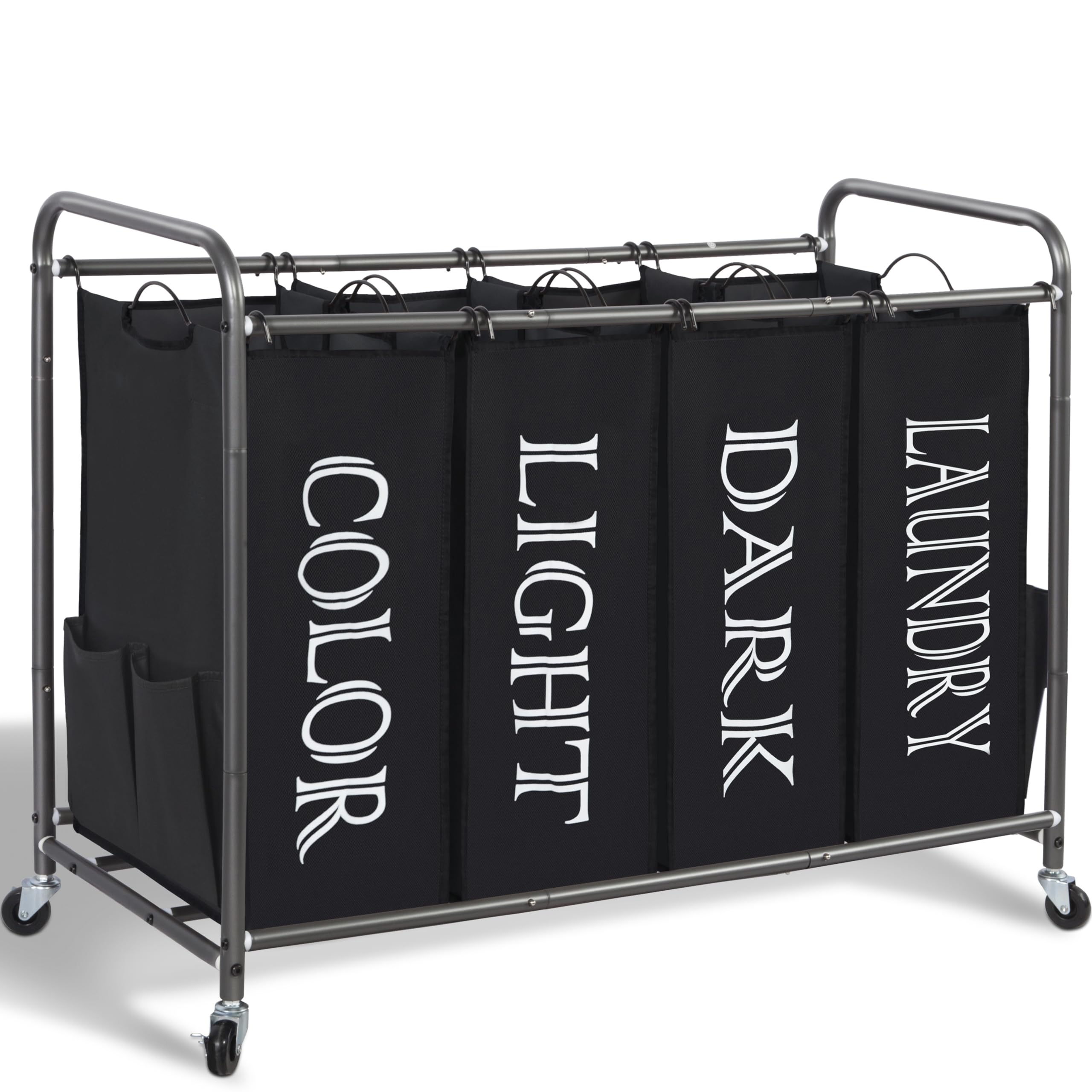 STORAGE MANIAC Laundry Sorter  Divider with Side Pockets  Multi Separator Hamper Removable Bags and Rolling Lockable Wheels  Organizer Hamper  4 Section Black