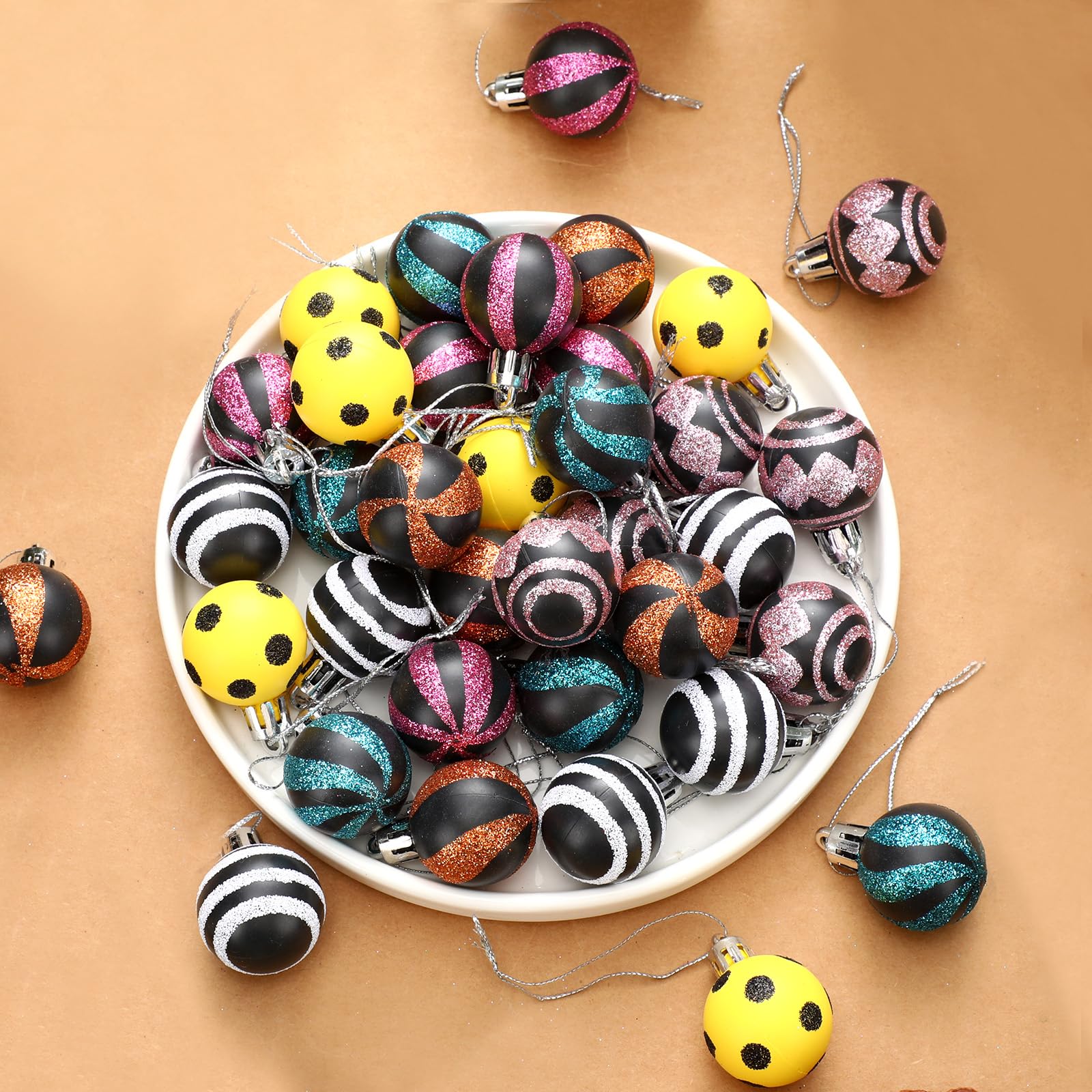 Riceshoot 36 Pcs Christmas Mini Ball Ornaments 1.18 Inch Small Xmas Plastic Black and Pink White Stripe Dot Hanging Ball Colorfu