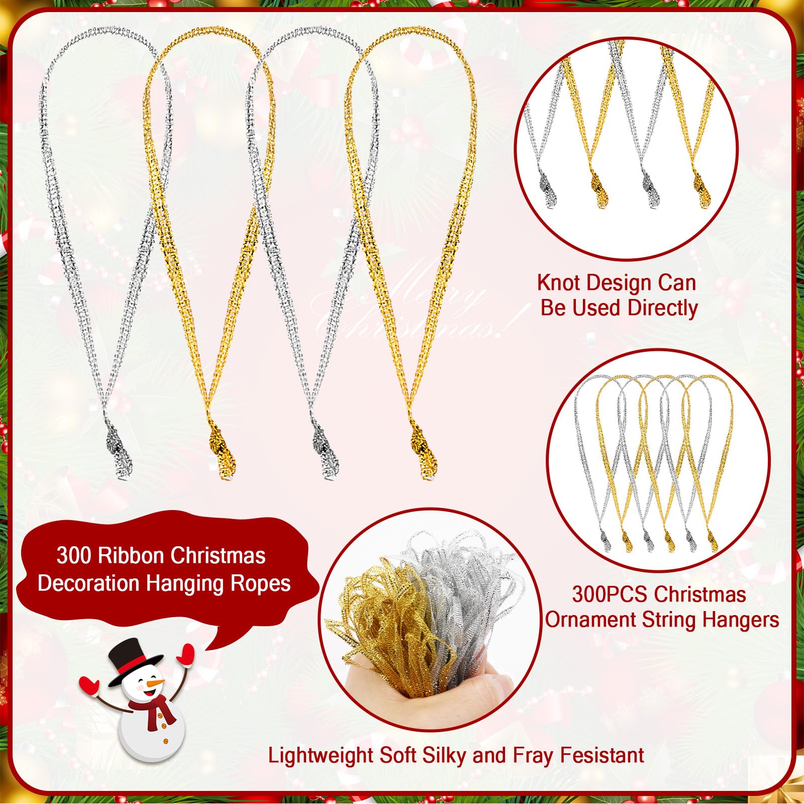 JUNEBRUSHS 300Pcs Christmas Ornament Ribbon Hangers, Hand Tied Christmas Ornament String Ties Loops Thin Ribbon for Ornaments Ch