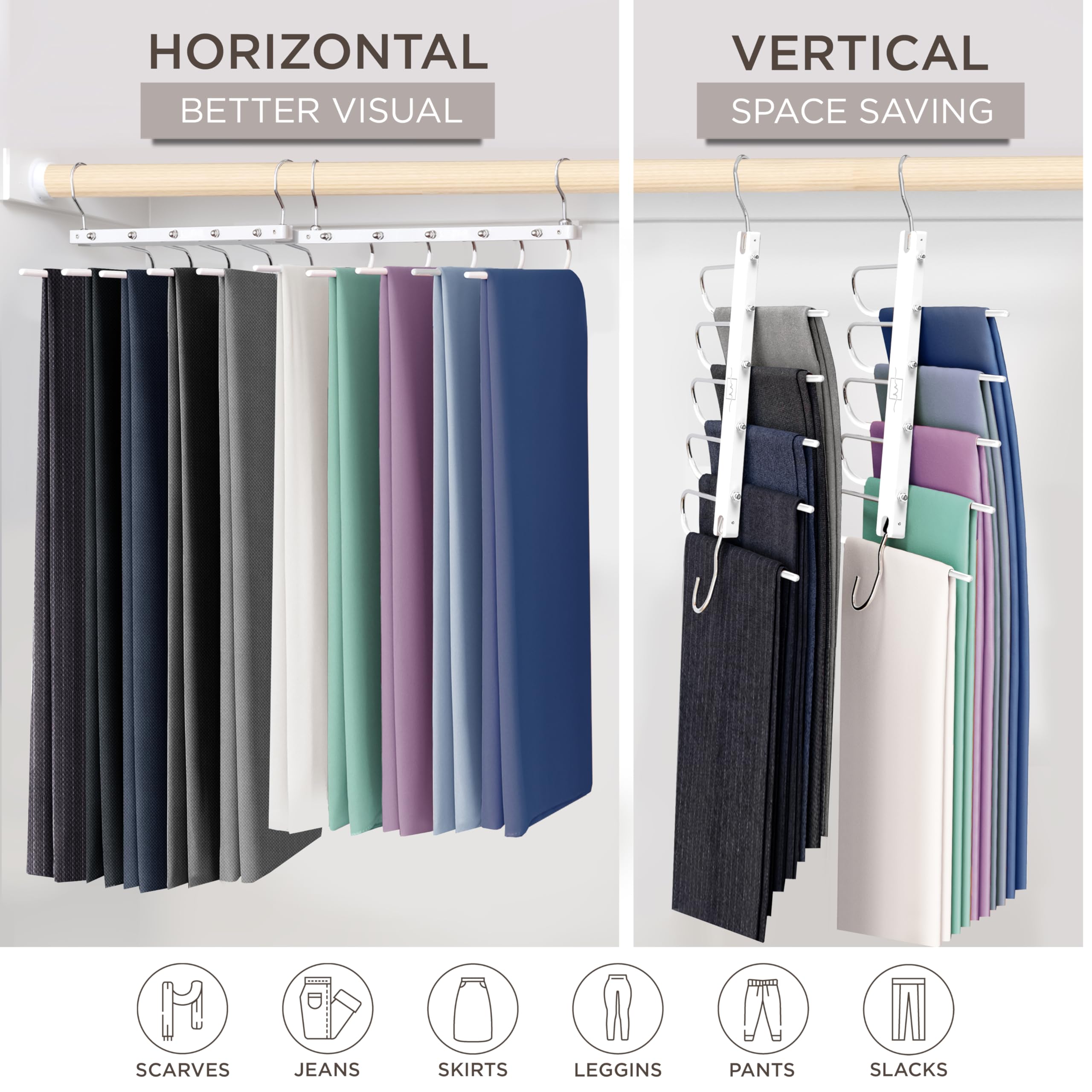 MORALVE Pants Hangers Space Saving - European Beechwood Hangers for Clothes Hanger Organizer - Jean Hangers Pants Rack Scarf Hanger - Closet Space Saving Magic Pants Hangers Pant Organizer 1 Pack