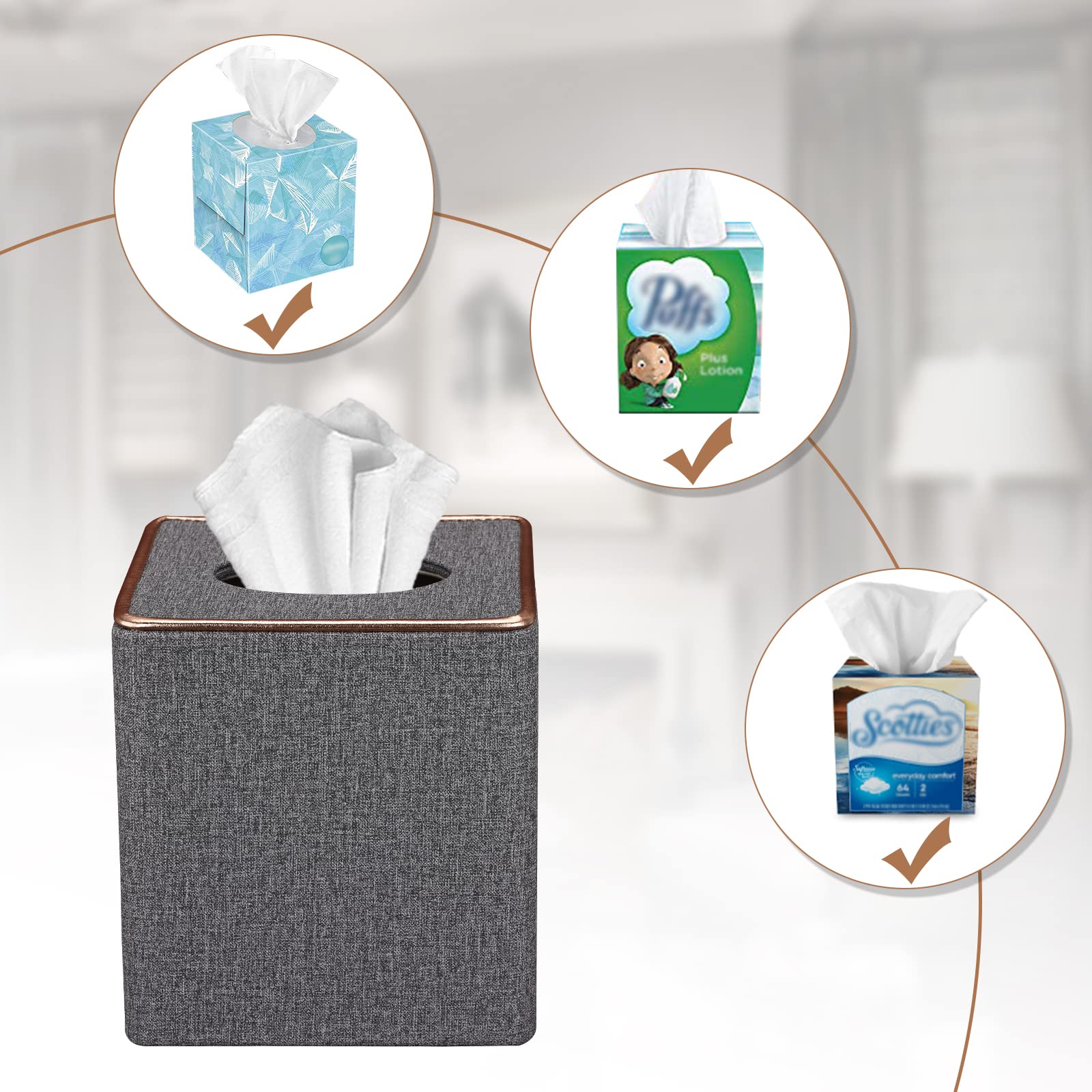 Tissue Box Cover  PU Leather Tissue Box Holder Square Kleenex Box Covers for Home/Office/Car Decoration 5.3''X5.3''X5.8'' - Grey