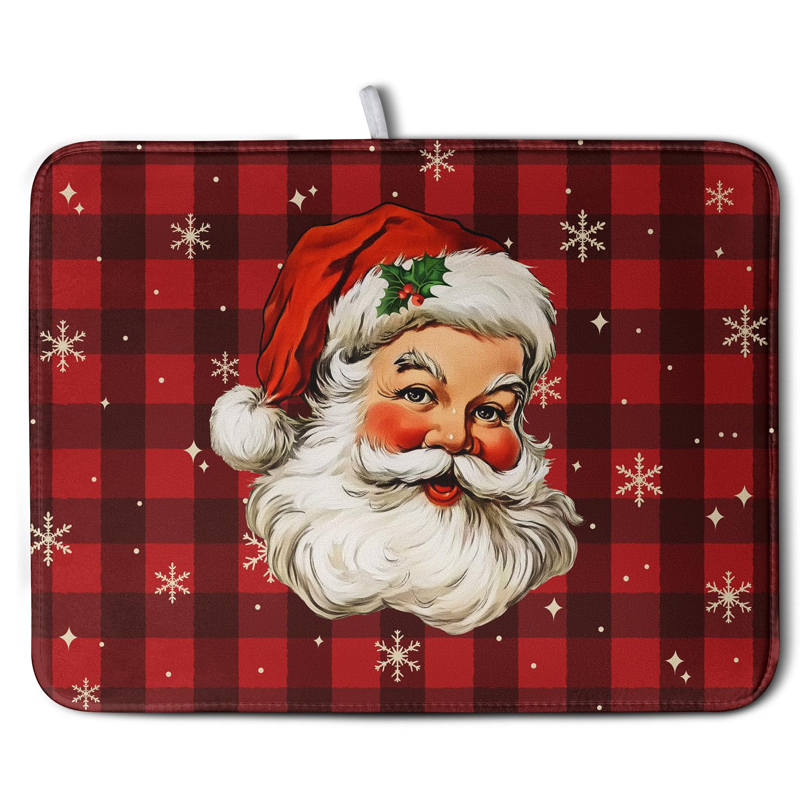 Kwlegh Santa Claus Christmas Dish Drying Mat Xmas Red and Black Buffalo Plaid Snowflake Drying Mats Winter Holiday Dishes Drying