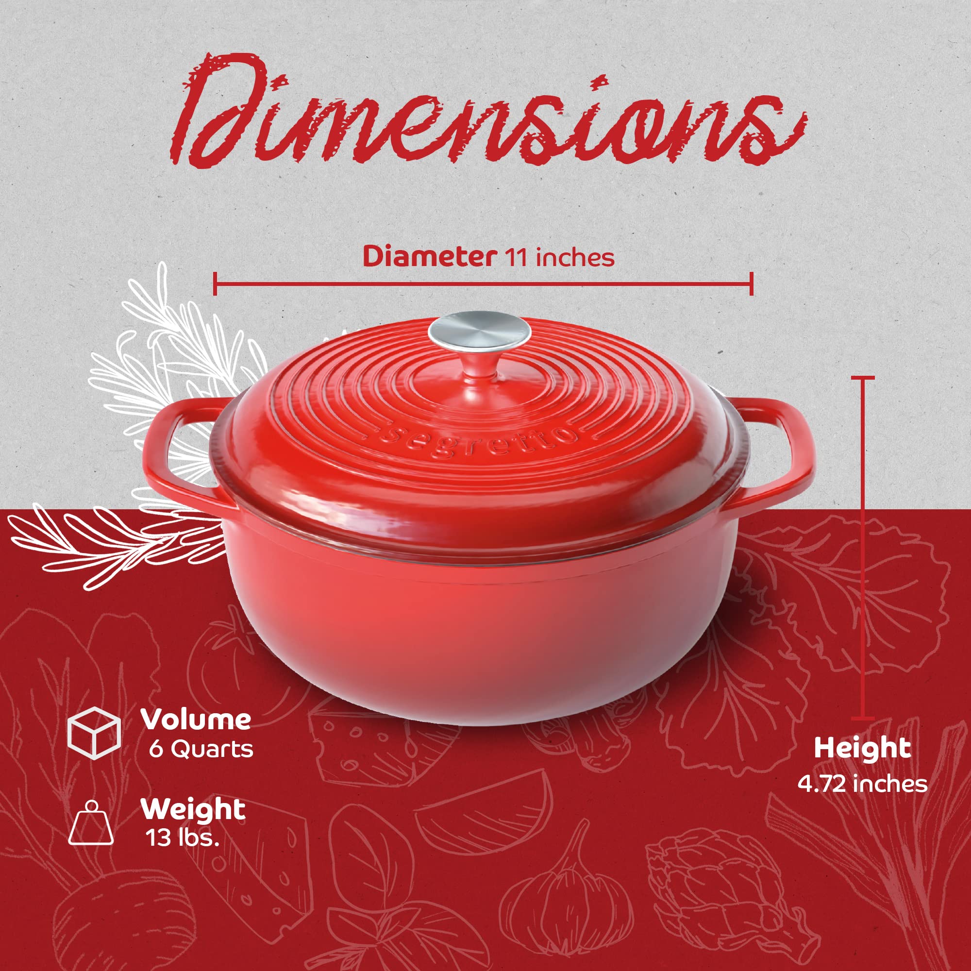 Segretto Cookware Enameled Cast Iron Dutch Oven With Handle, 6 Quarts, Rosso (Gradient Red) Cast Iron Dutch Oven With Lid | Enam