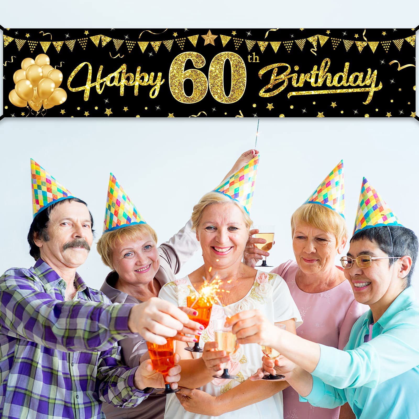 Happy 60Th Birthday Banner Decorations For Men Women, Black Gold 60 Birthday Sign Party Supplies For Yard, Funny Sixty Birthday