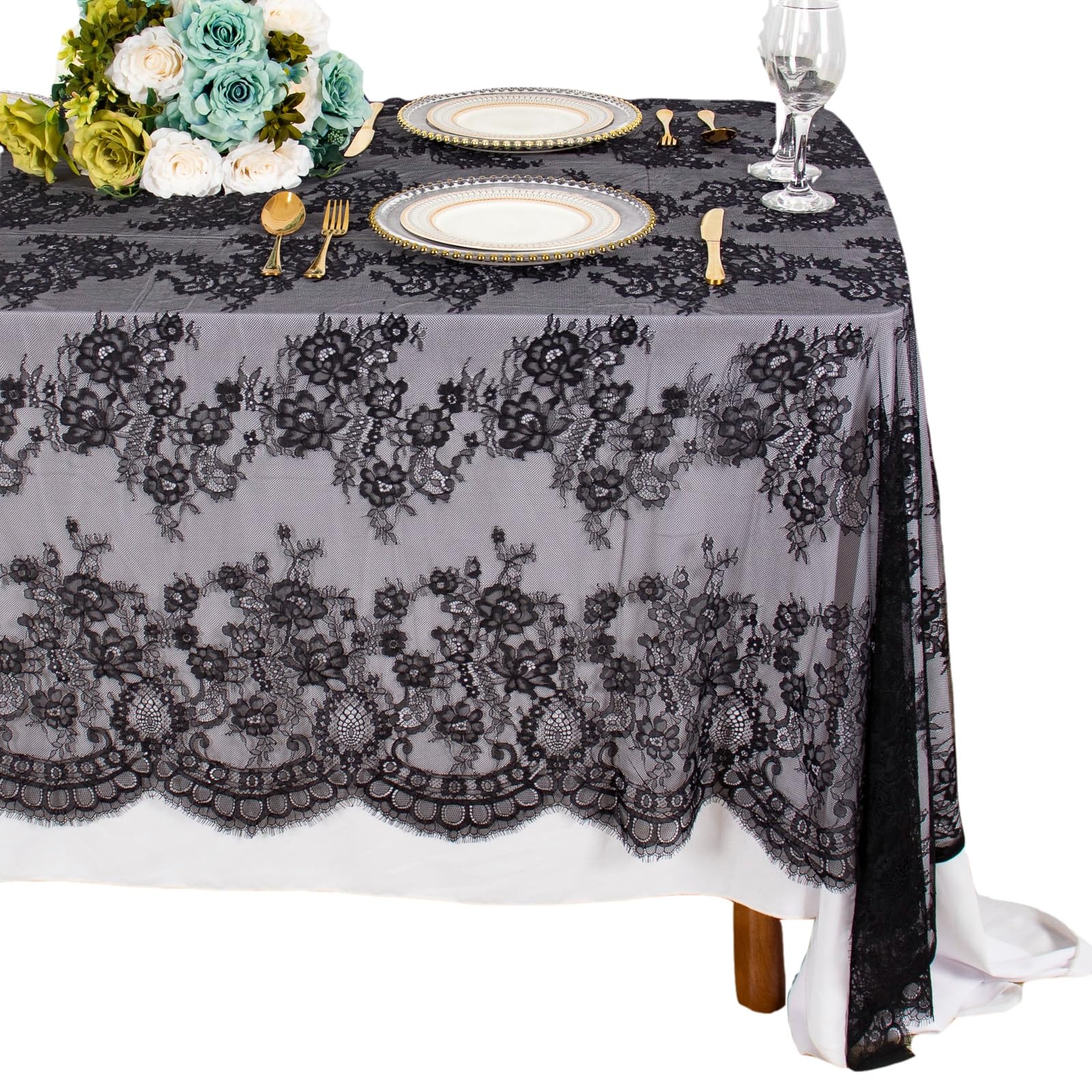 Shinybeauty 60X120-Inch Black Lace Tablecloth | Rectangular Floral Table Cloth | Elegant Wedding & Event Decor | Durable Lace Ta