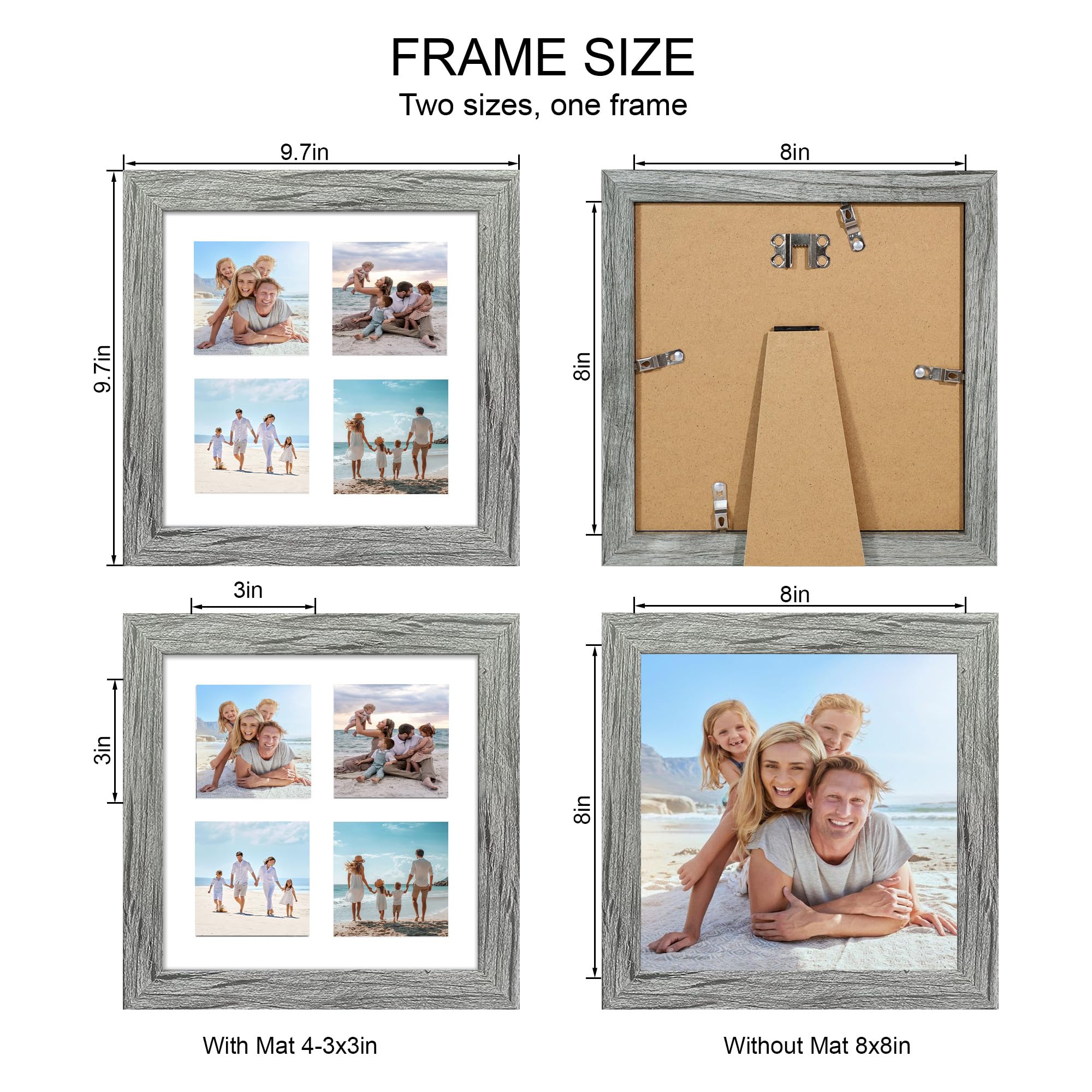 Hongkee 8x8 Picture Frame Set of 2, with Glass and Grey Wood Frames, Display Collage Four Opening 3x3 With Mat or 8 x 8 Without