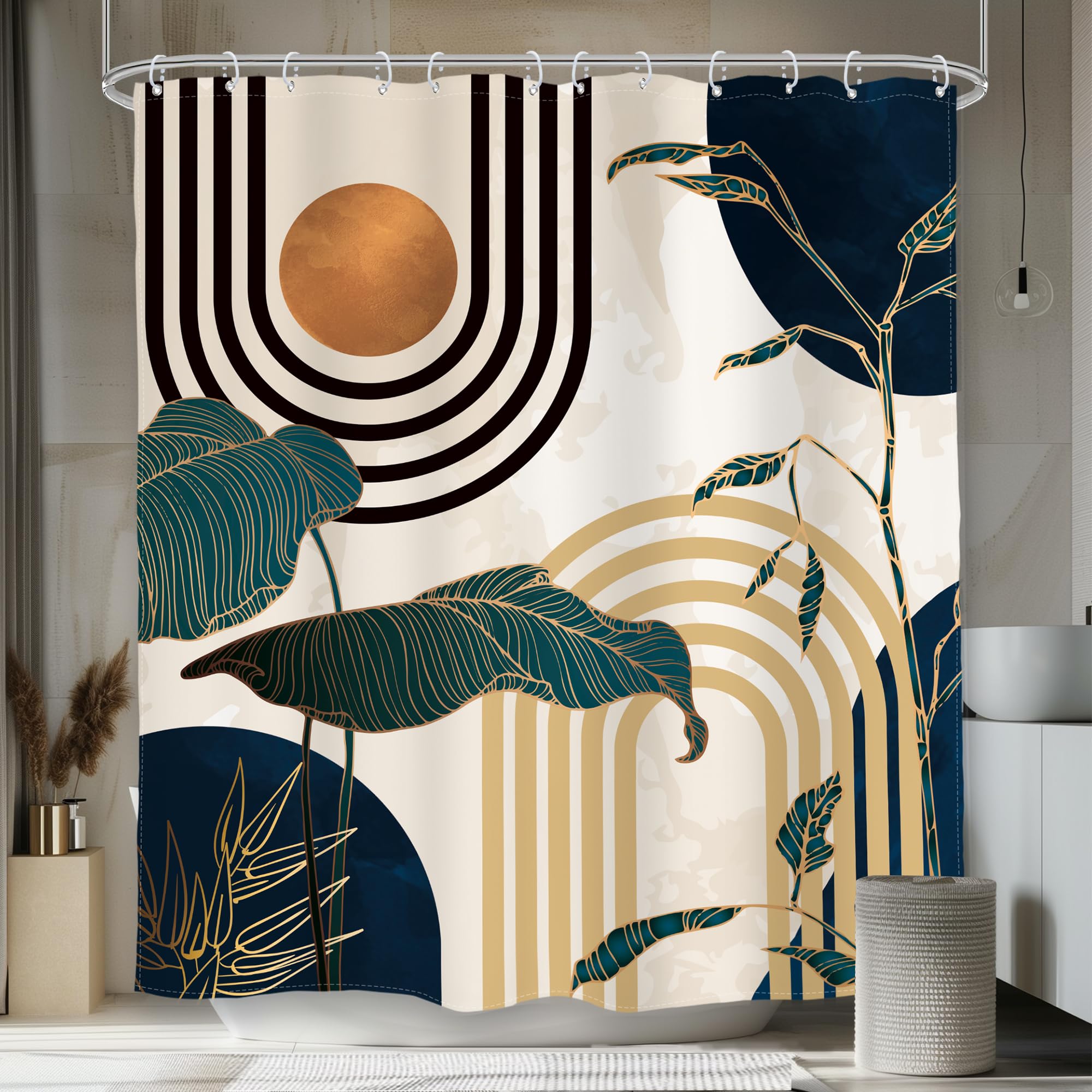 Glawry Blue Abstract Mid Century Shower Curtain Boho Retro Tropical Palm Tree Sun Arch Modern Bathroom Aesthetic Geometric 60Wx7