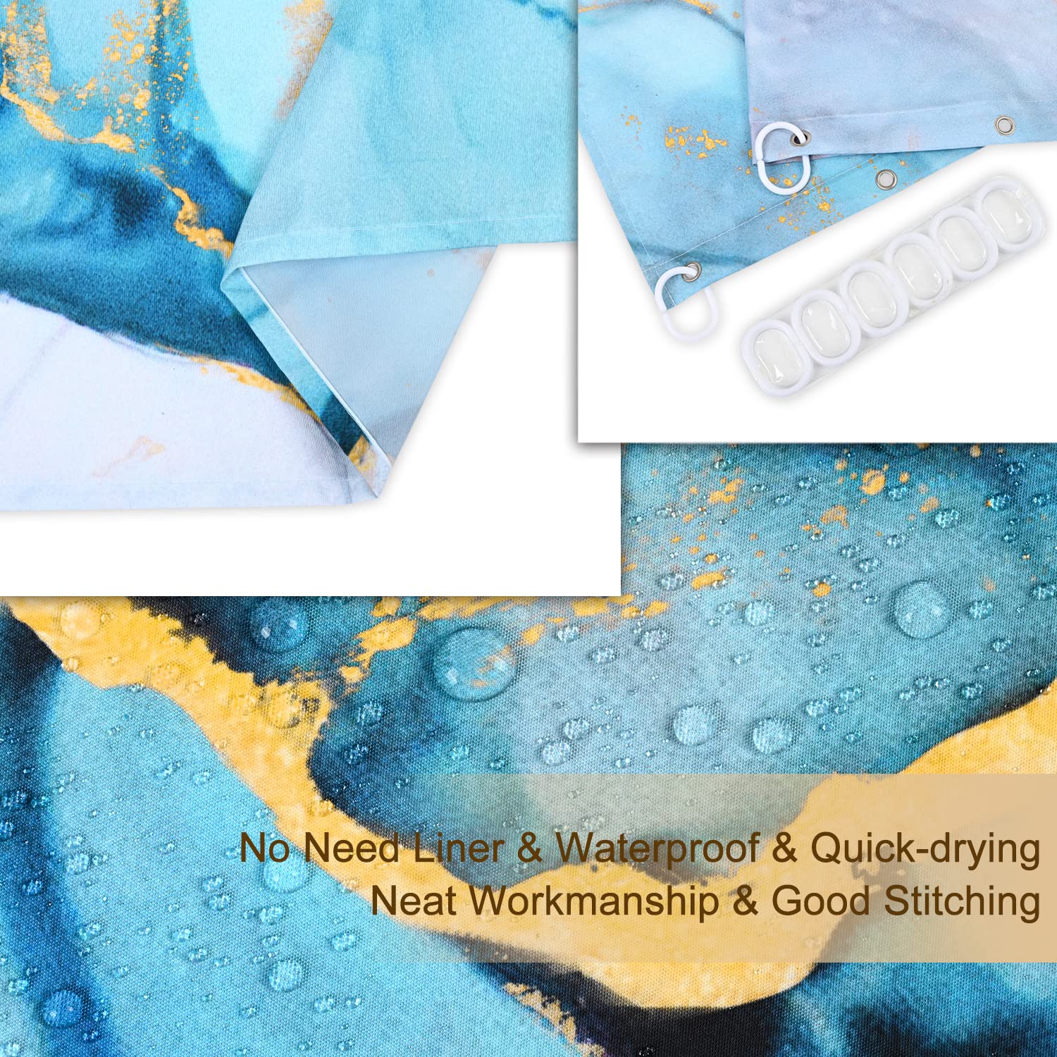 RosieLily Blue Shower Curtain  Marble Shower Curtains Set with 12 Hooks  Watercolor Blue Gold White Shower Curtains  Cool Abstract Marble Bathroom Decor  72''x72''