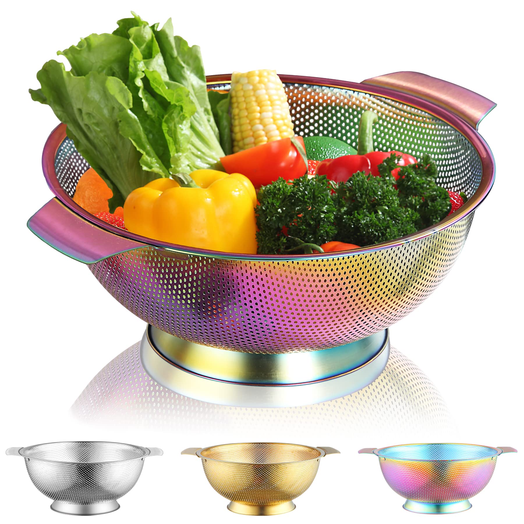 Kyraton Rainbow Colander 5 Quart, Professional Titanium Colorful Plating Stainless Steel Strainer With Heavy Duty Handles And Se