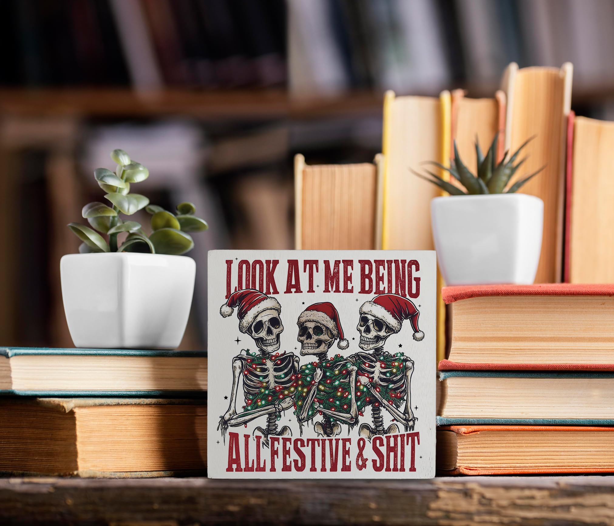 kunlisa Funny Christmas Skeleton Wooden Sign, Gothic Christmas Decor, Sarcastic Halloween Xmas Skeleton Holiday Wood Box Sign fo