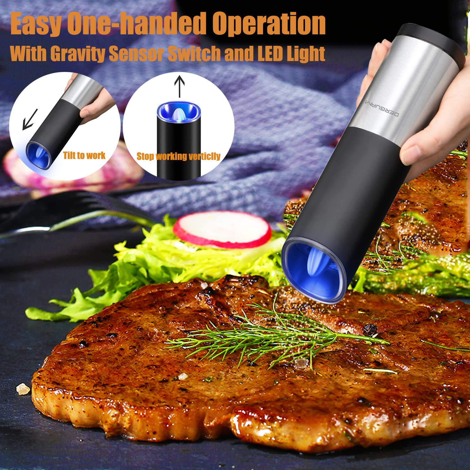 Derguam Gravity Electric Salt And Pepper Grinder Set, Stainless Steel Automatic Pepper And Salt Mill Grinder, Salt Grinder Spice