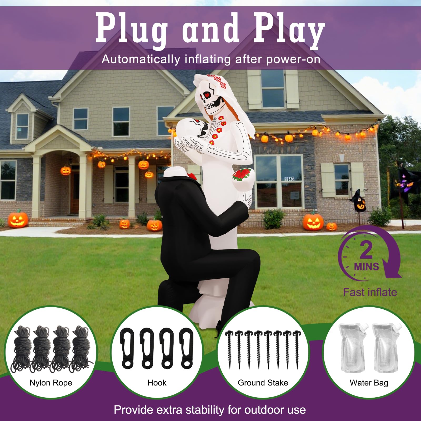 PopInflate Halloween Inflatables Giant 8Ft Tall Skeleton Couple Day of The Dead Outdoor Decorations, Spooky Blow Up Skull Lovers