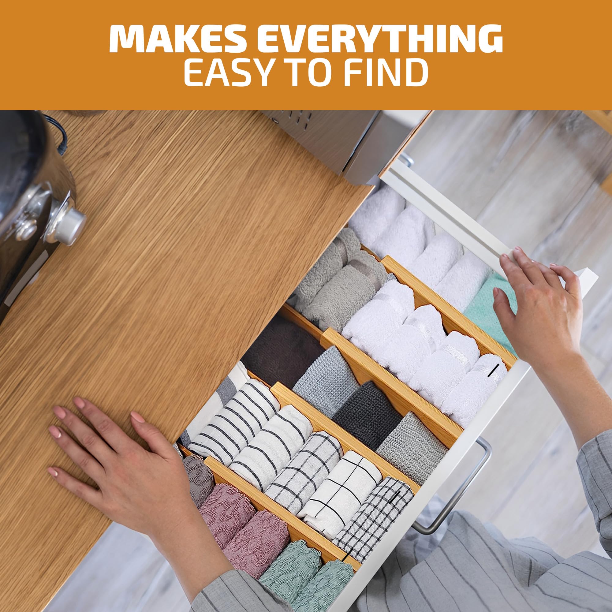 Bambsi 4 Pack Drawer Divider - Bamboo 2.6'' High, 12.5-17'' Adjustable Drawer Organizers for Clothes, Expandable Dresser Separat