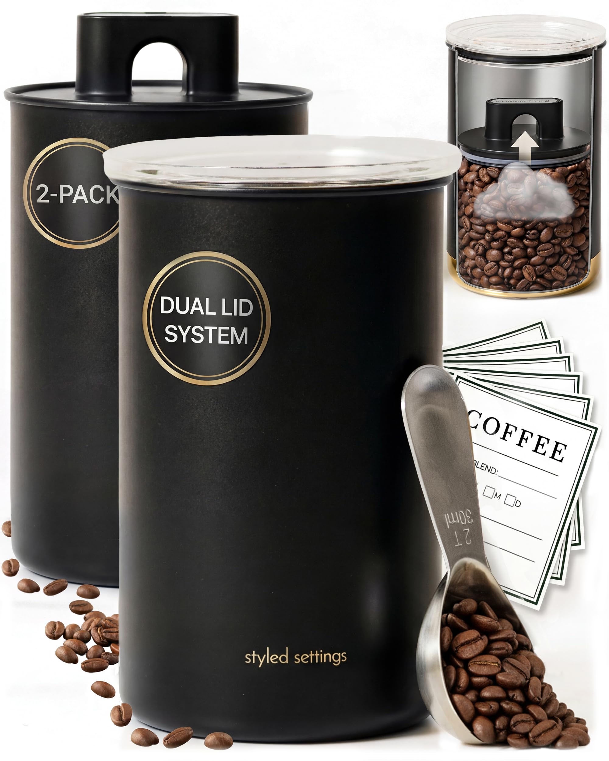 STYLED SETTINGS Coffee Bean Storage Container Set, 2Piece, Black