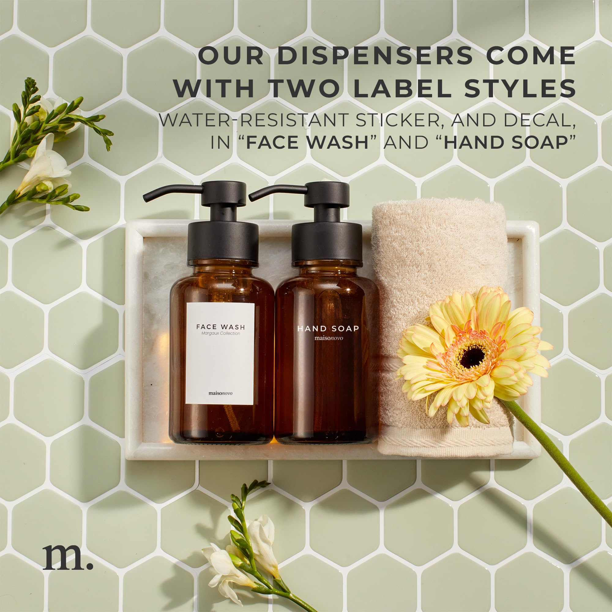Maisonovo Glass Foaming Hand Soap Dispenser | Amber Foaming Soap Dispenser Black Pump X 1 W/Labels