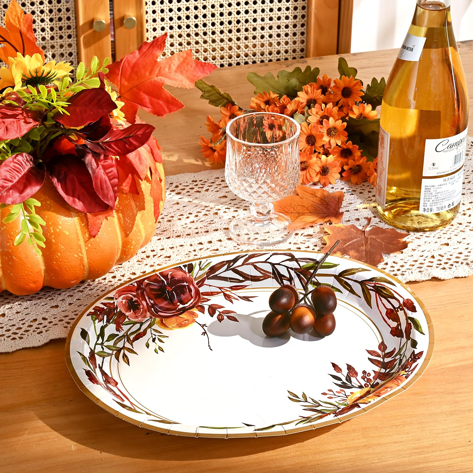 Homlouue 50 PCS 10  12inch Thanksgiving Paper Plates, Autumn Flower Wreath Oval Plate, Fall Paper Plates Disposable for Fall Tha