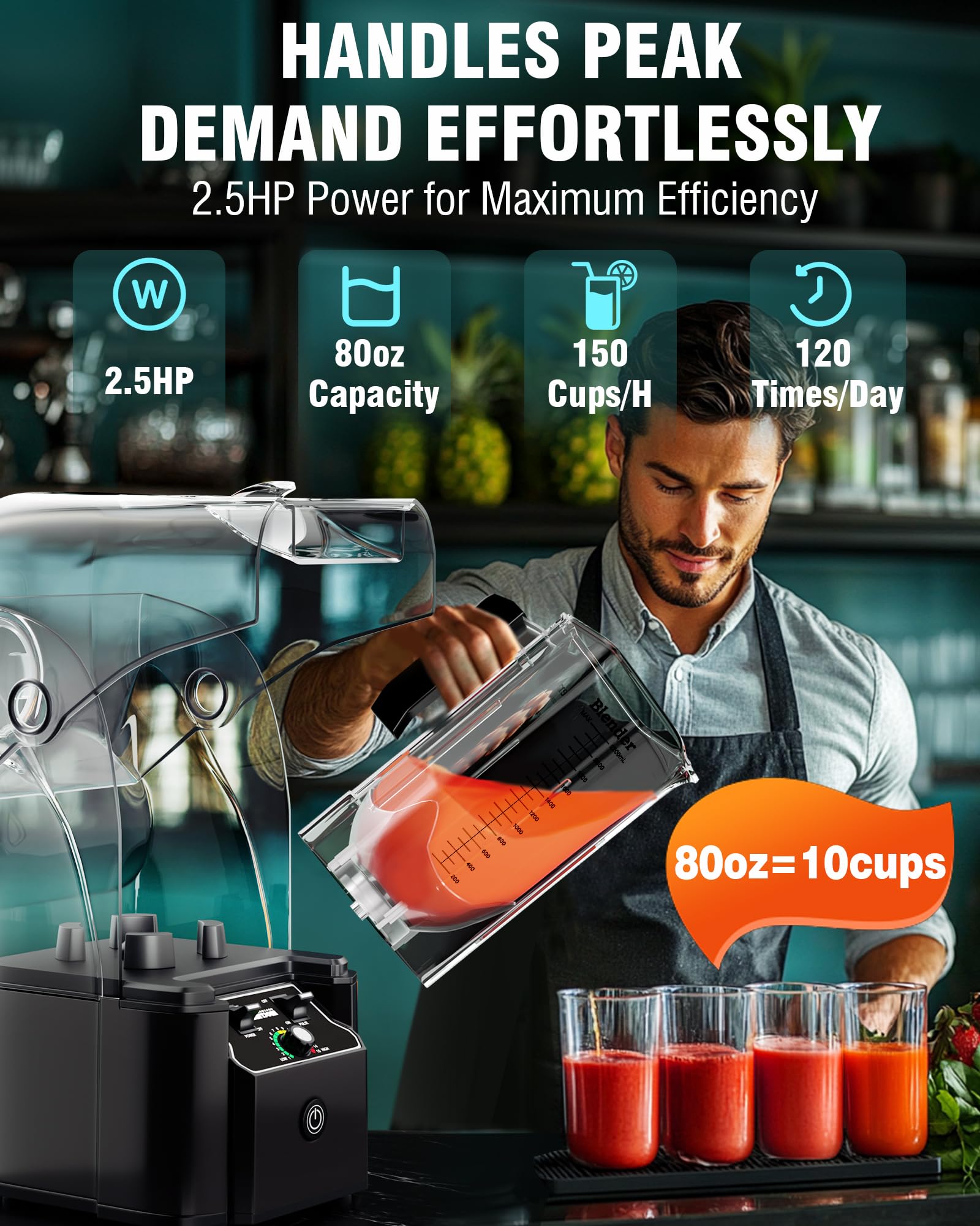 WantJoin Professional Commercial Blender With Shield Quiet Sound Enclosure 2200W Industries Strong and Quiet Professional-Grade Power  Self-Cleaning  Black