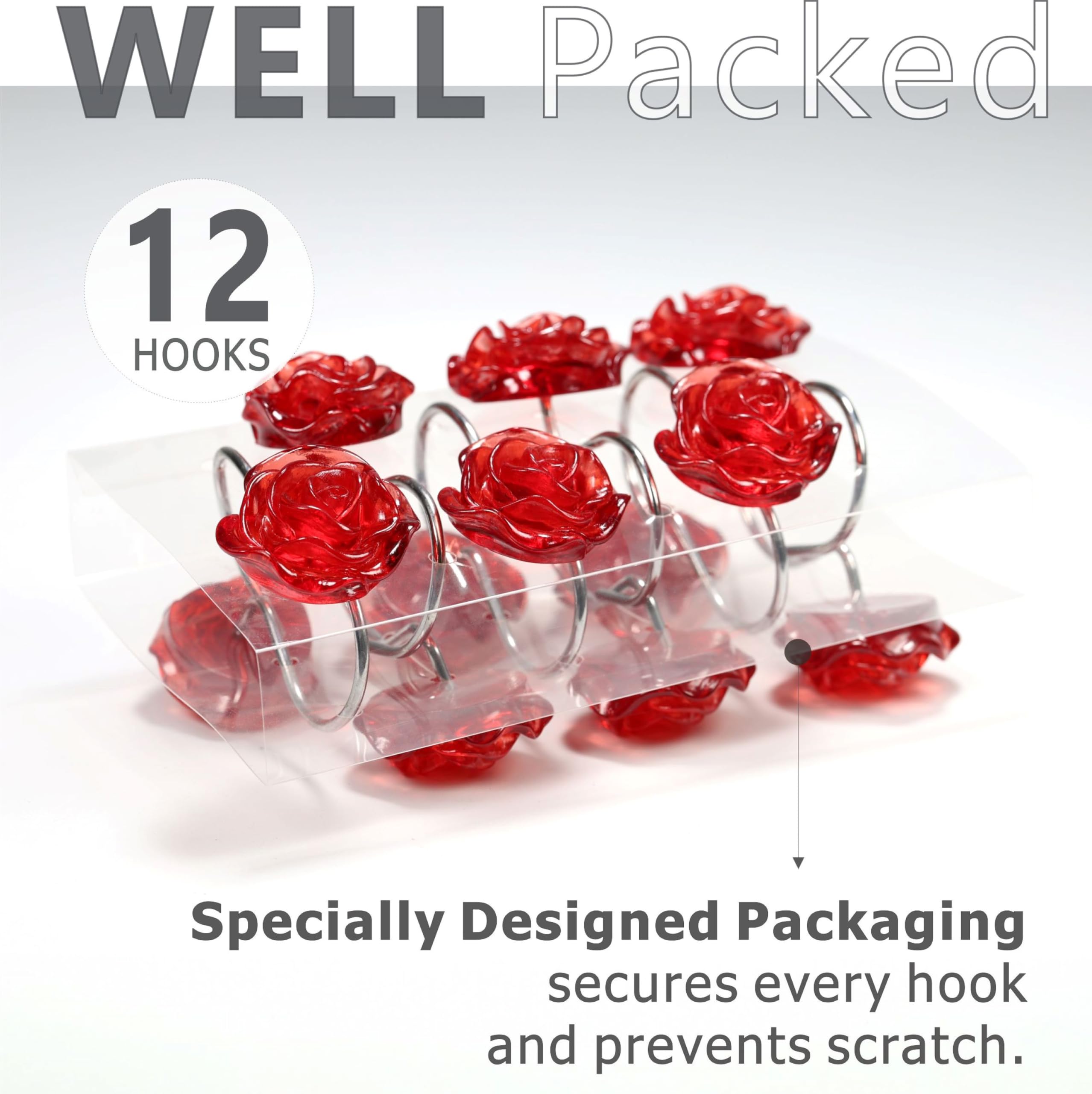 Red Rose Shower Curtain Hooks: Burgundy Crystal Glitter Ice Textured Decorative Hooks For Flower Leaf Plant Spring Themed Shower