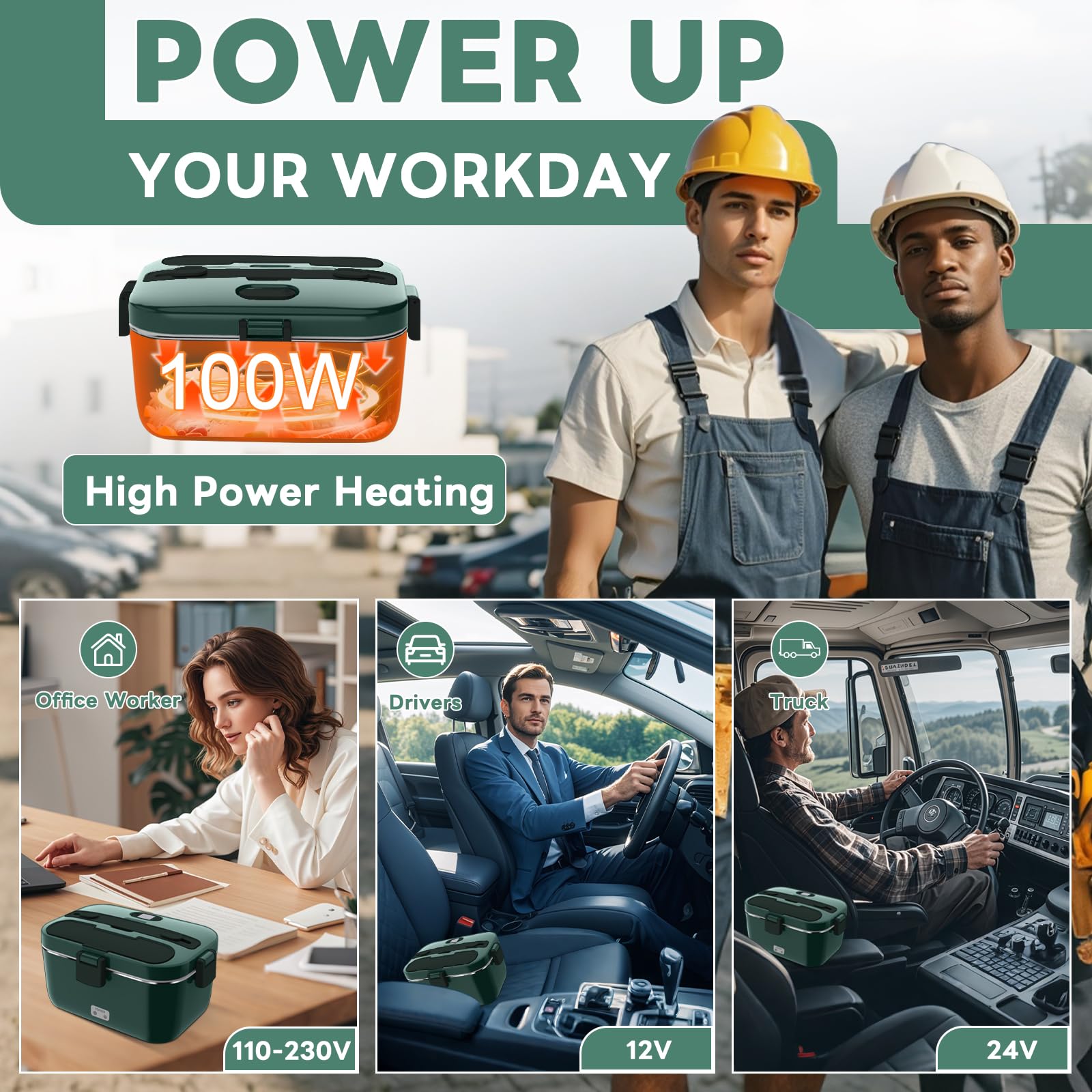 Dupasu Electric Lunch Box, Food Heated 12V 24V 110V Portable Food Warmer Heater For Car/Truck/Home, 100W Self Heating Box With 1