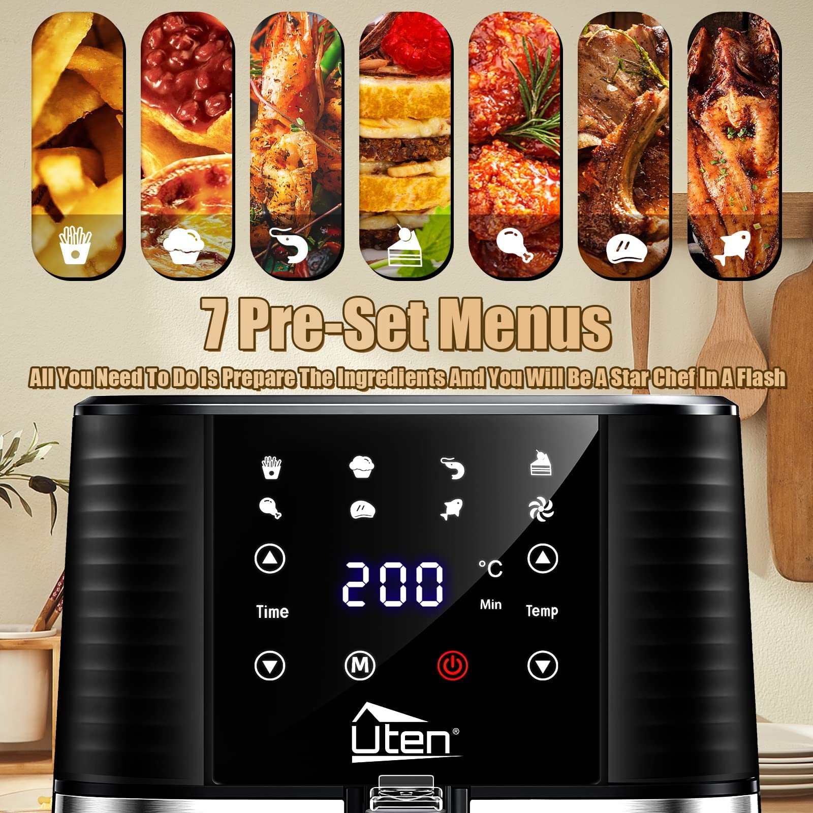 5.5L Air Fryer, Electric Oilless Cooker With Led Digital Touchscreen, 7 In 1 Uten Hot Oven Cooker, 6 Quart Large Stainless Steel