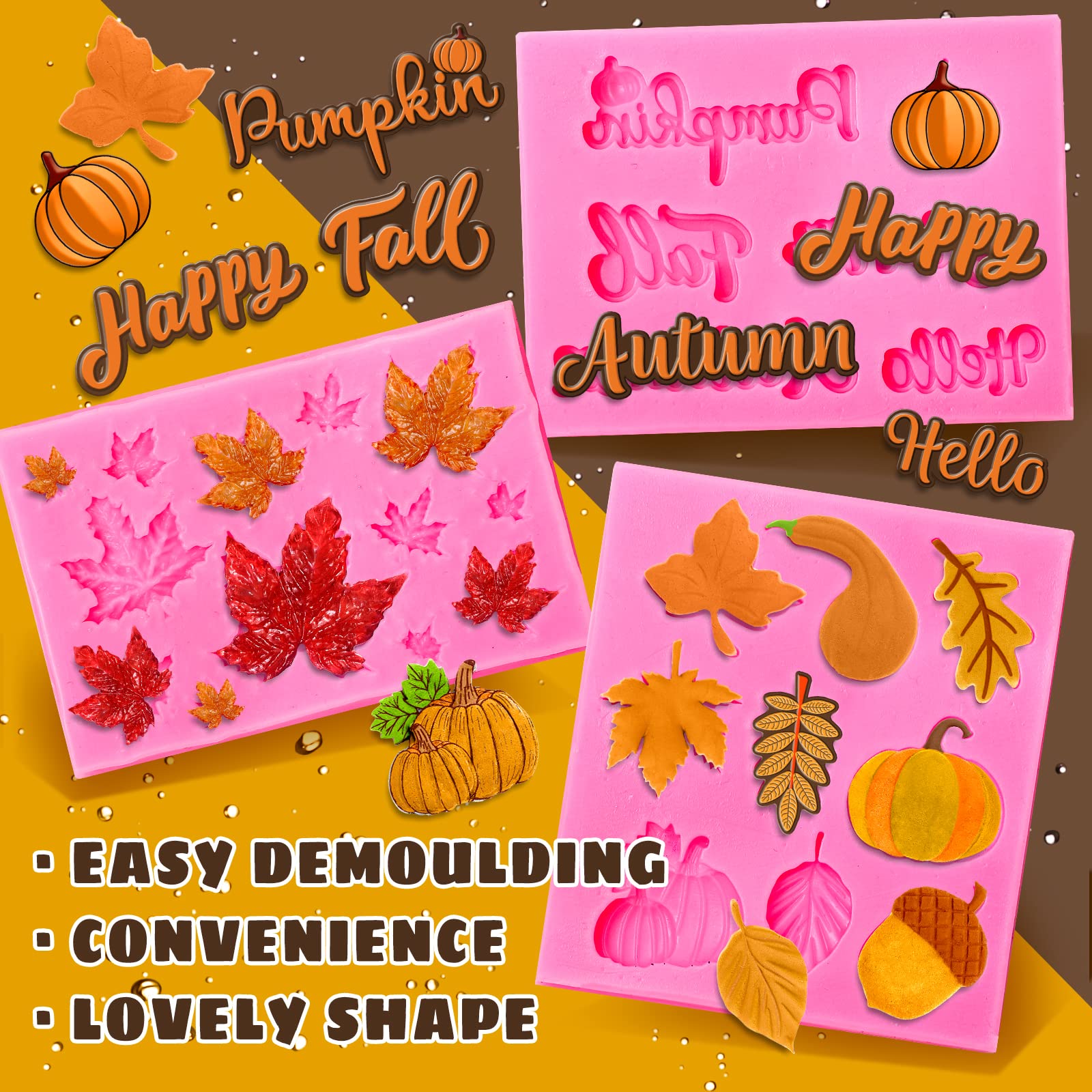 Whaline 3 Pack Fall Fondant Molds Autumn Pumpkin Maple Leaves Silicone Molds Hello Fall Candy Resin Chocolate Baking Mold For Au