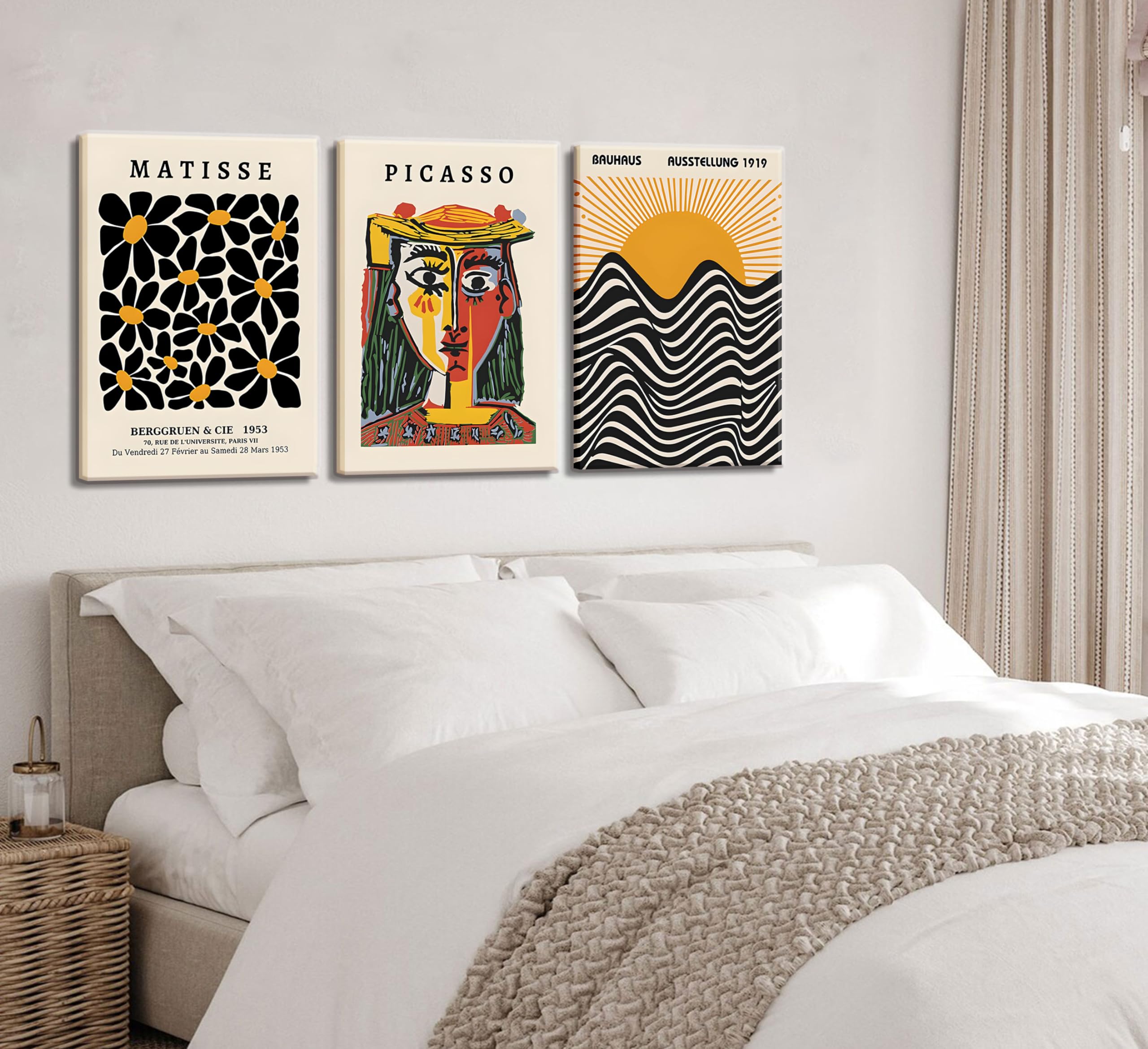 3 Pack Framed Gallery Wall Art Picasso Matisse Bauhaus Set Canvas Prints Abstract Paintings Posters Orange Black Modern Minimali