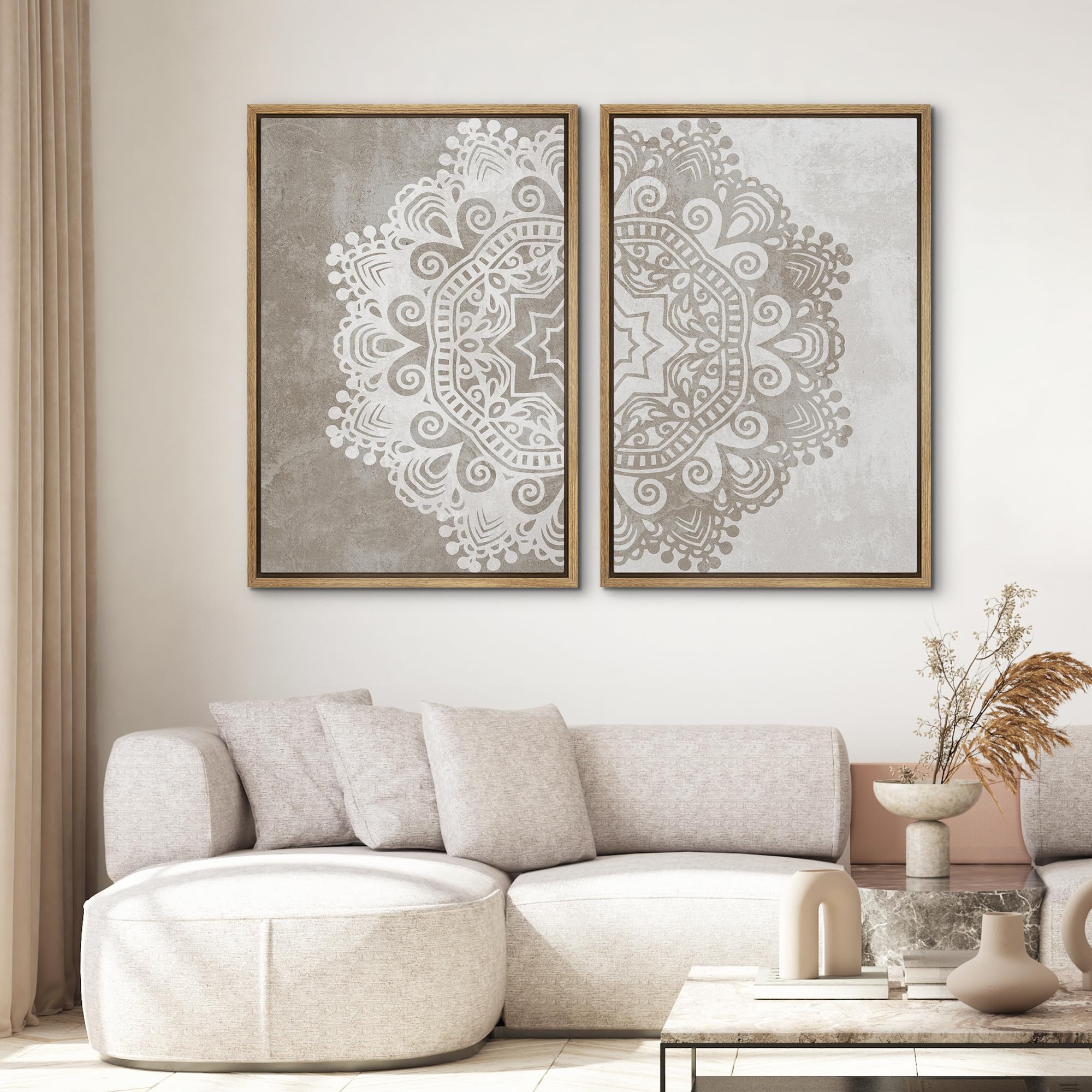 Signwin Framed Canvas Print Wall Art Set Duotone Cultural Indian Mandala Pattern Abstract Shapes Illustrations Modern Art Minima