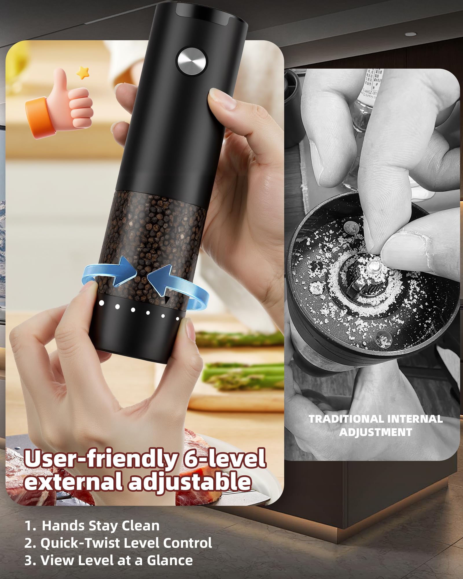 Electric Salt and Pepper Grinder Set, Automatic Battery Salt and Pepper Shakers,6 Adjustable Coarseness with LED, 100ml Upgraded