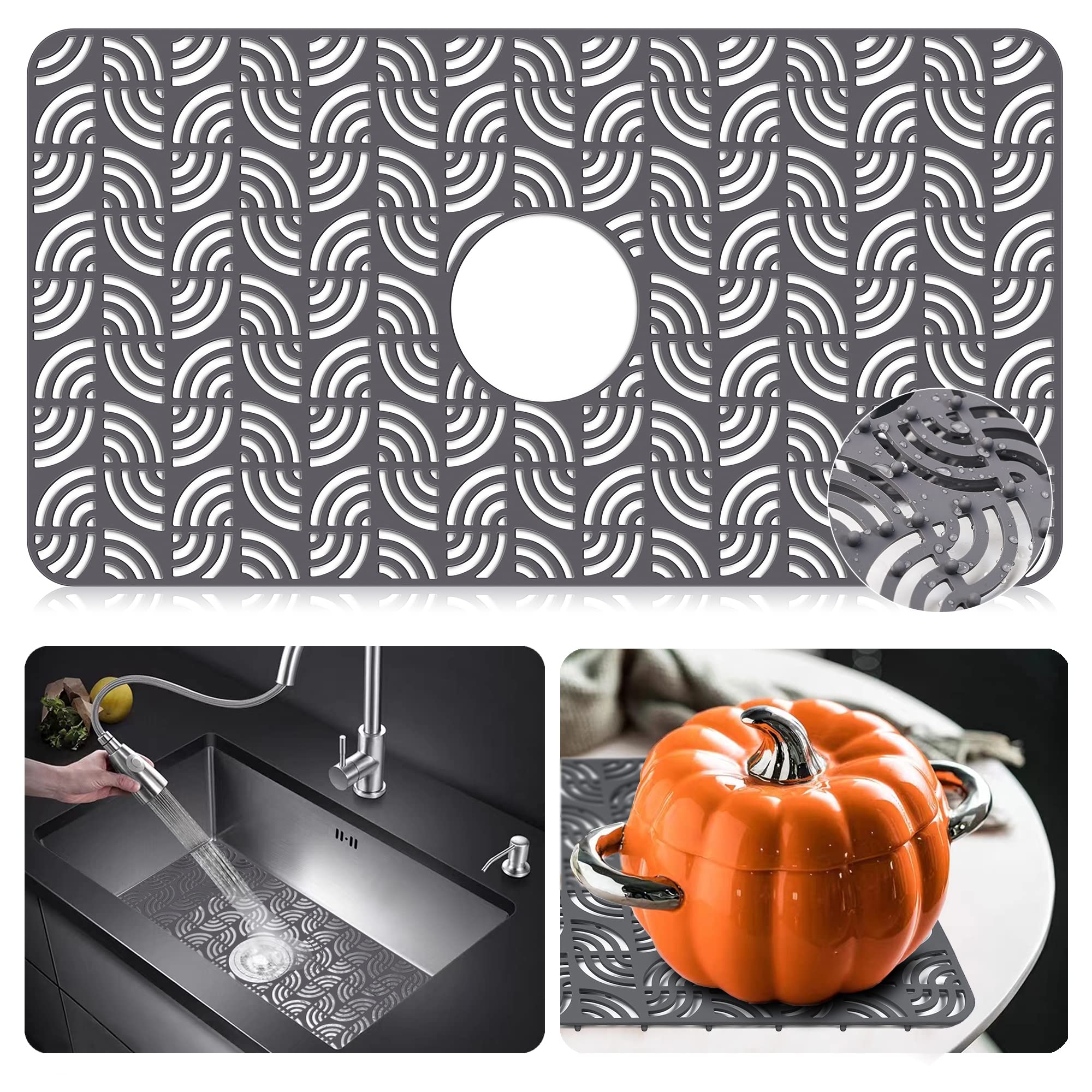 Premium Silicone Sink Protector For Kitchen Sink, 26''X 14''Kitchen Sink Mat Grid With Center Drain, Upgrade Heat Resistant & No