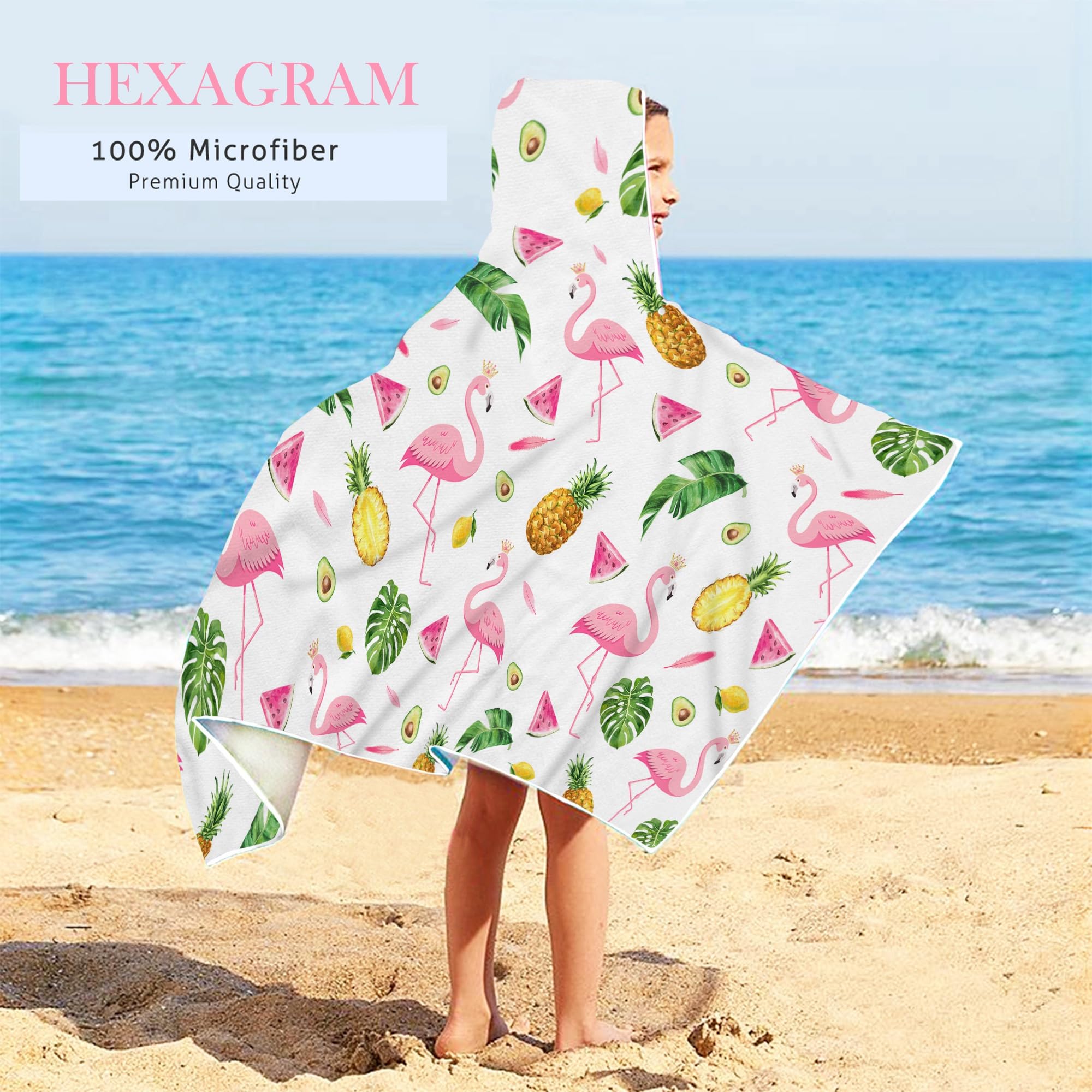 Bonsai Tree Summer Pink Flamingo Bright Hooded Beach Towel, Flamingo Lover Kids Poncho Towel for Boys Girls, Quick Dry 30  x50