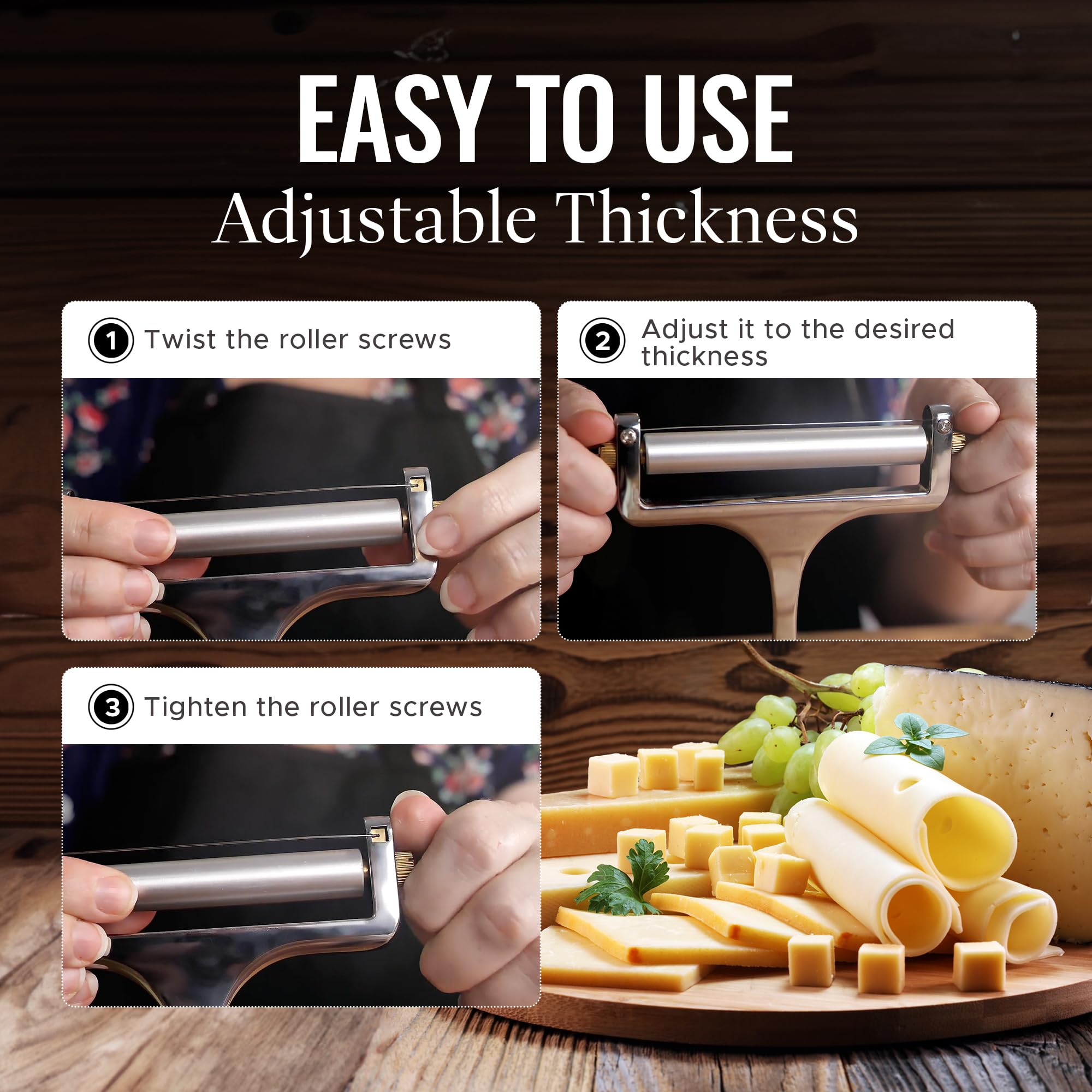 Zulay Cheese Slicer - Adjustable Thickness Wire Cheese Cutter, Heavy Duty Stainless Steel, Silver, for Mozzarella, Cheddar, Gouda