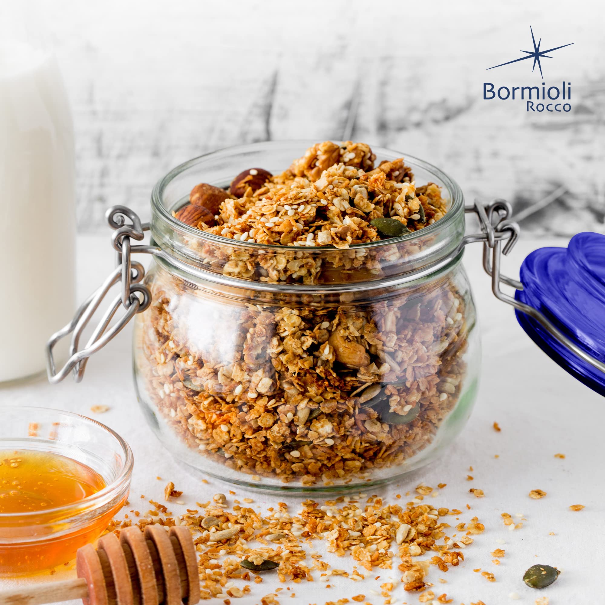 Bormioli Rocco Fido Square Jar With Blue Lid, 17-1/2-Ounce