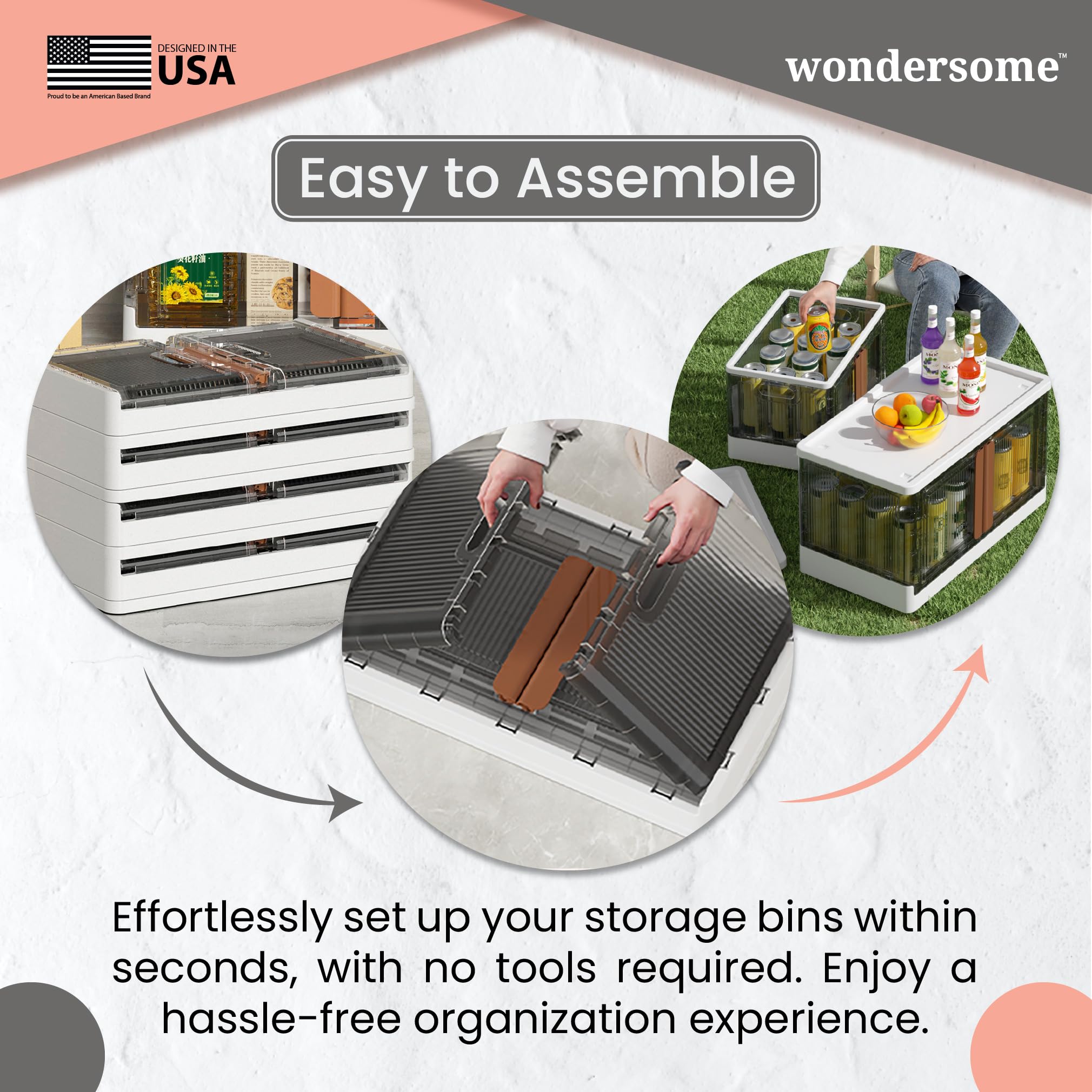 Wondersome Collapsible Storage Bins - 3-Pack Of Large 8.5-Gallon/33.8-Quart Stackable Wheeled Clothing, Shoe, Bedroom, Office Or