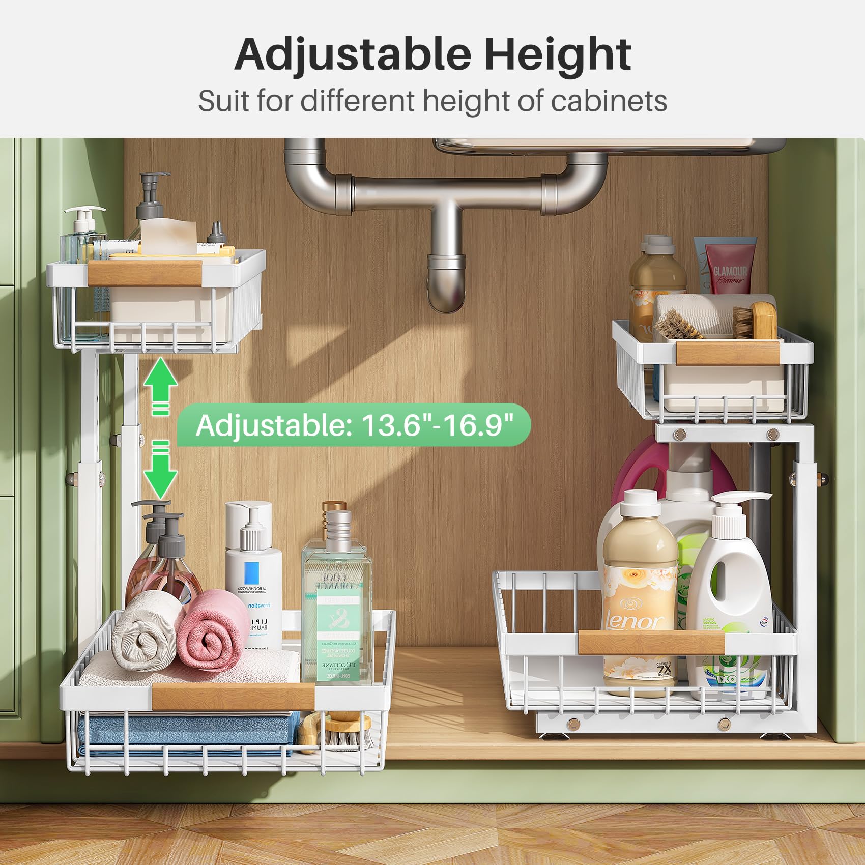 Pull Out Cabinet Organizer, 1 Pack Under Sink Organizer, Slide Out Metal Kitchen Cabinet Organizers Drawer Shelf, Sliding Storag