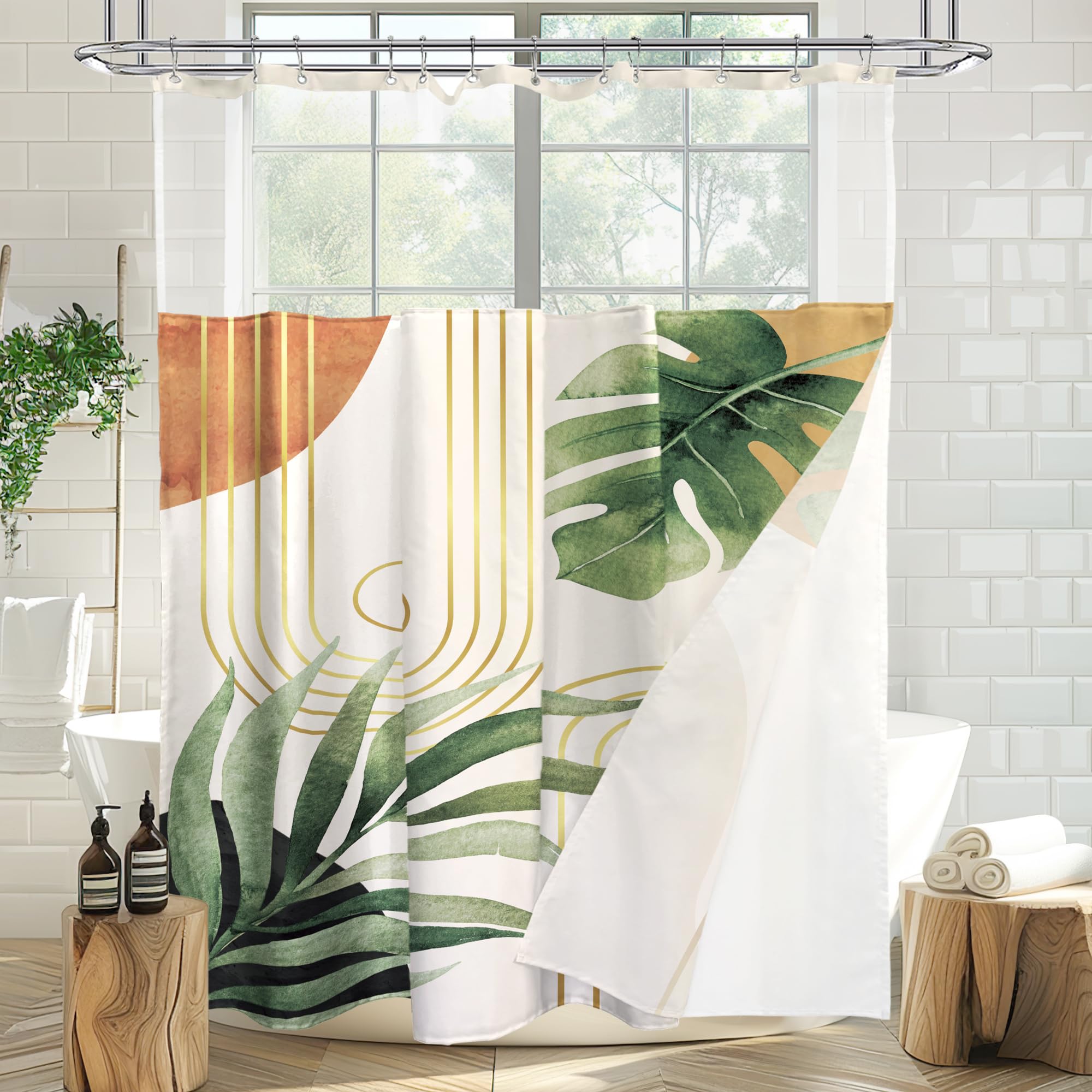 Glawry Boho Shower Curtain With Snap In Liner Modern Mid Century Tropical Palm Leaves Abstract Geometric Modern Arch See Through
