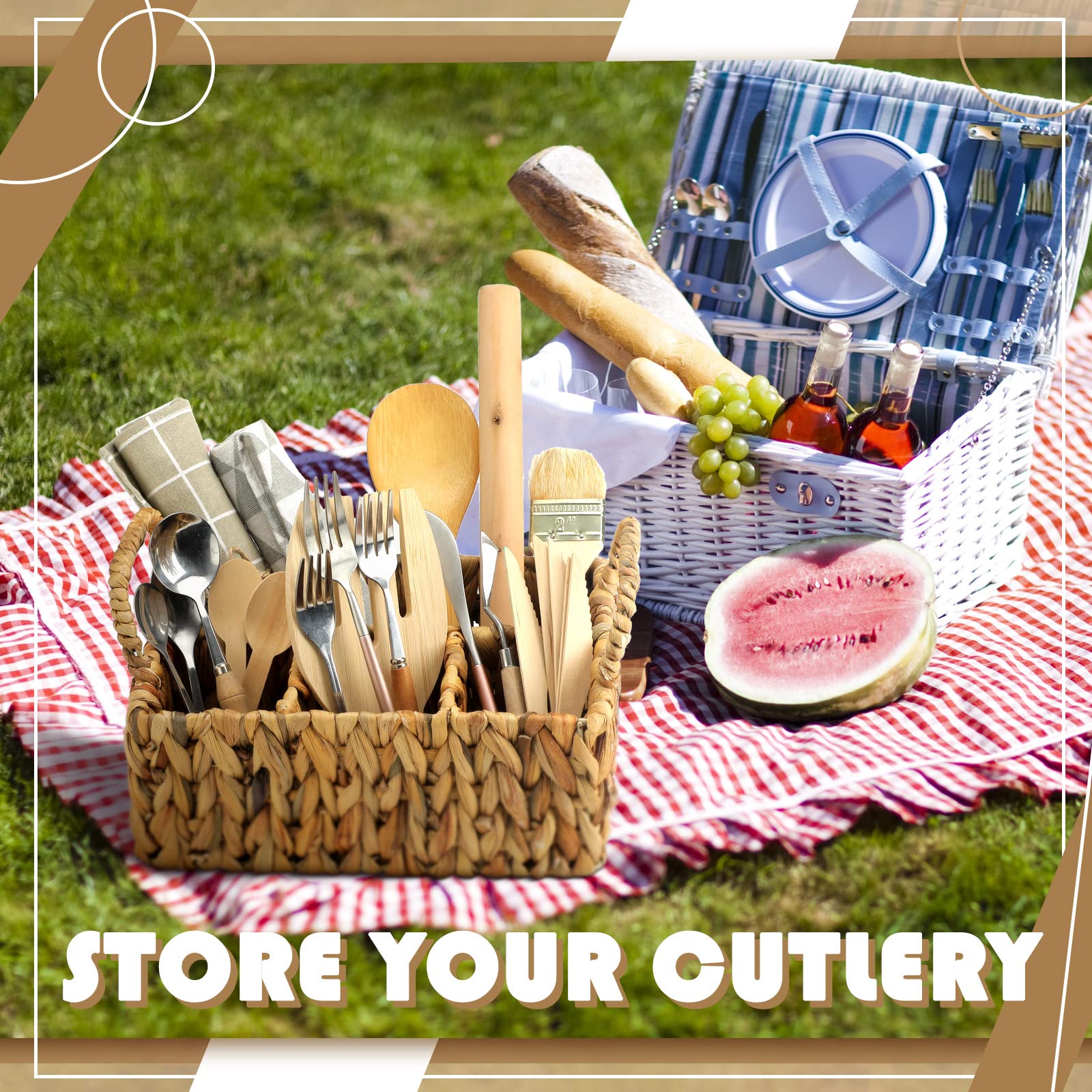 Glenmal Wicker Flatware Storage Basket Utensil Caddy Hand Woven Divided Cutlery Holder Kitchen Utensil Organizer Water Hyacinth