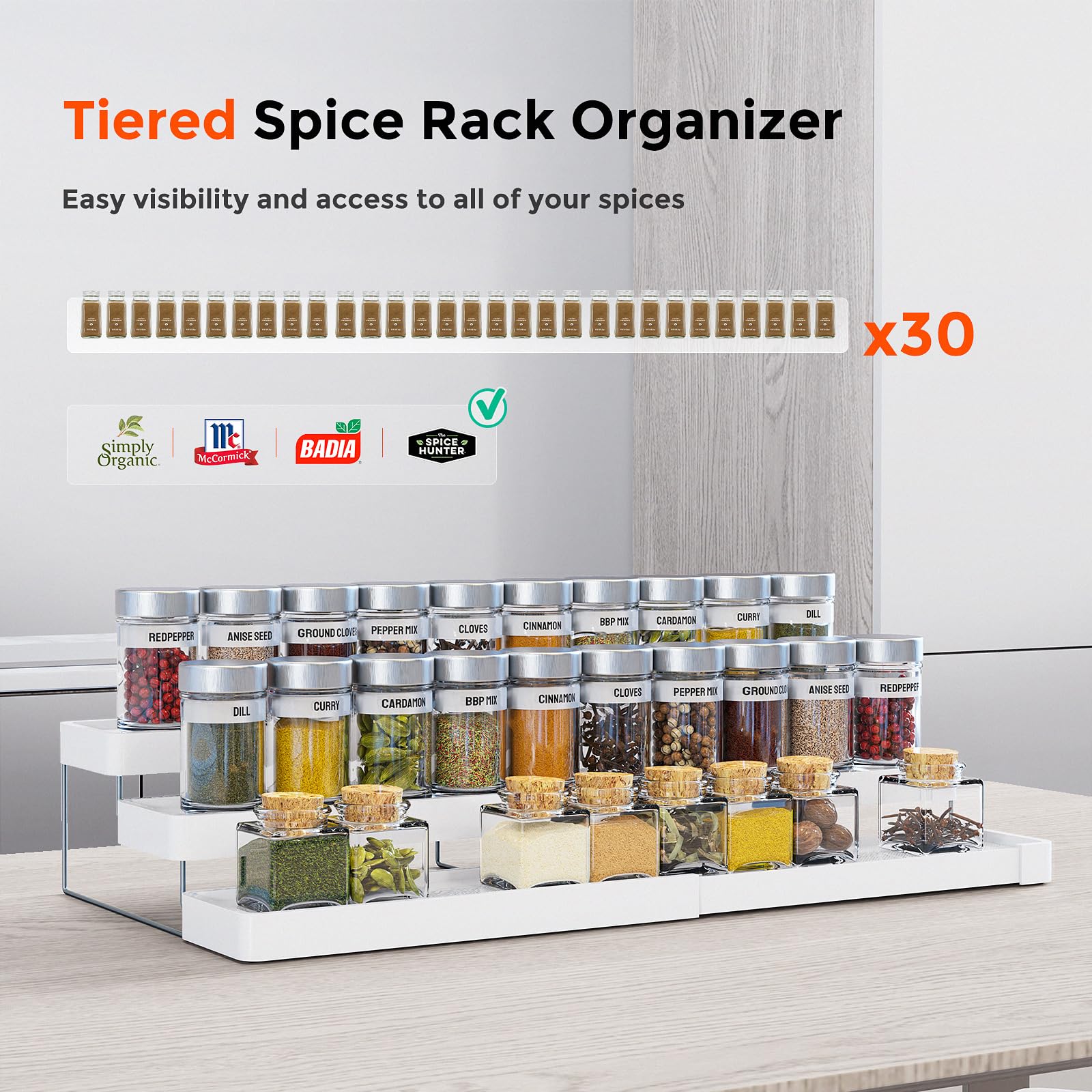 INVOCOO Expandable Spice Rack Organizer for Cabinet - 3 Tier Adjustable Cabinet Spice Organizer Easy Visibility - Spice Organize