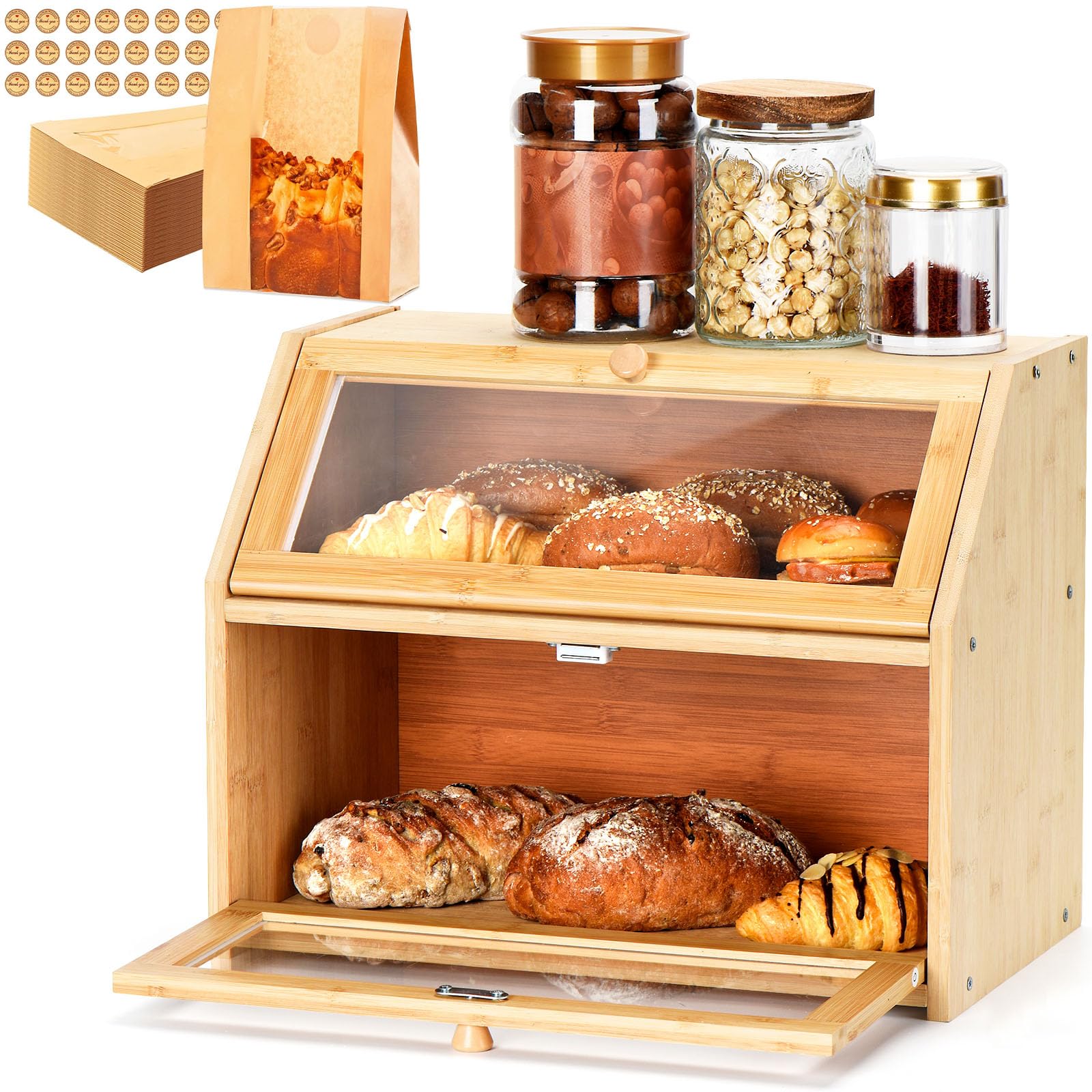 Wcatea Bread Box for Kitchen Countertop, Large Double Layer Bamboo Bread Storage Box with Clear Door, Includes 20 Bread Bags & L