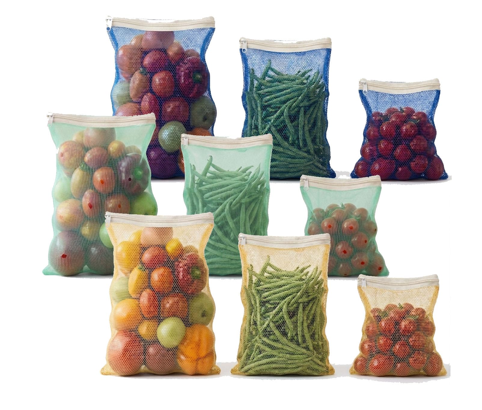 Reusable Mesh Produce Bags With Zipper, Set Of 9, Green, Yellow, Blue