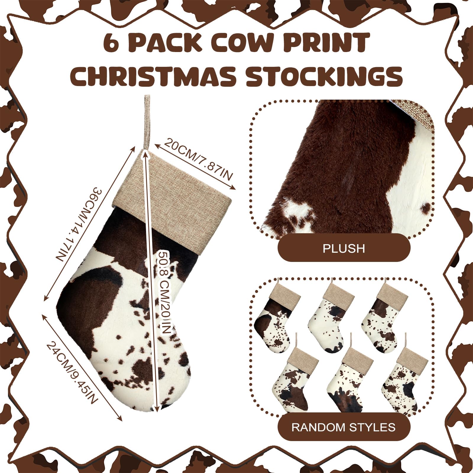 Glimin 2 Pcs Western Christmas Cow Print Stockings Decor Bulk 20 Inch Large Plush Cowhide Christmas Stockings Ornaments Western