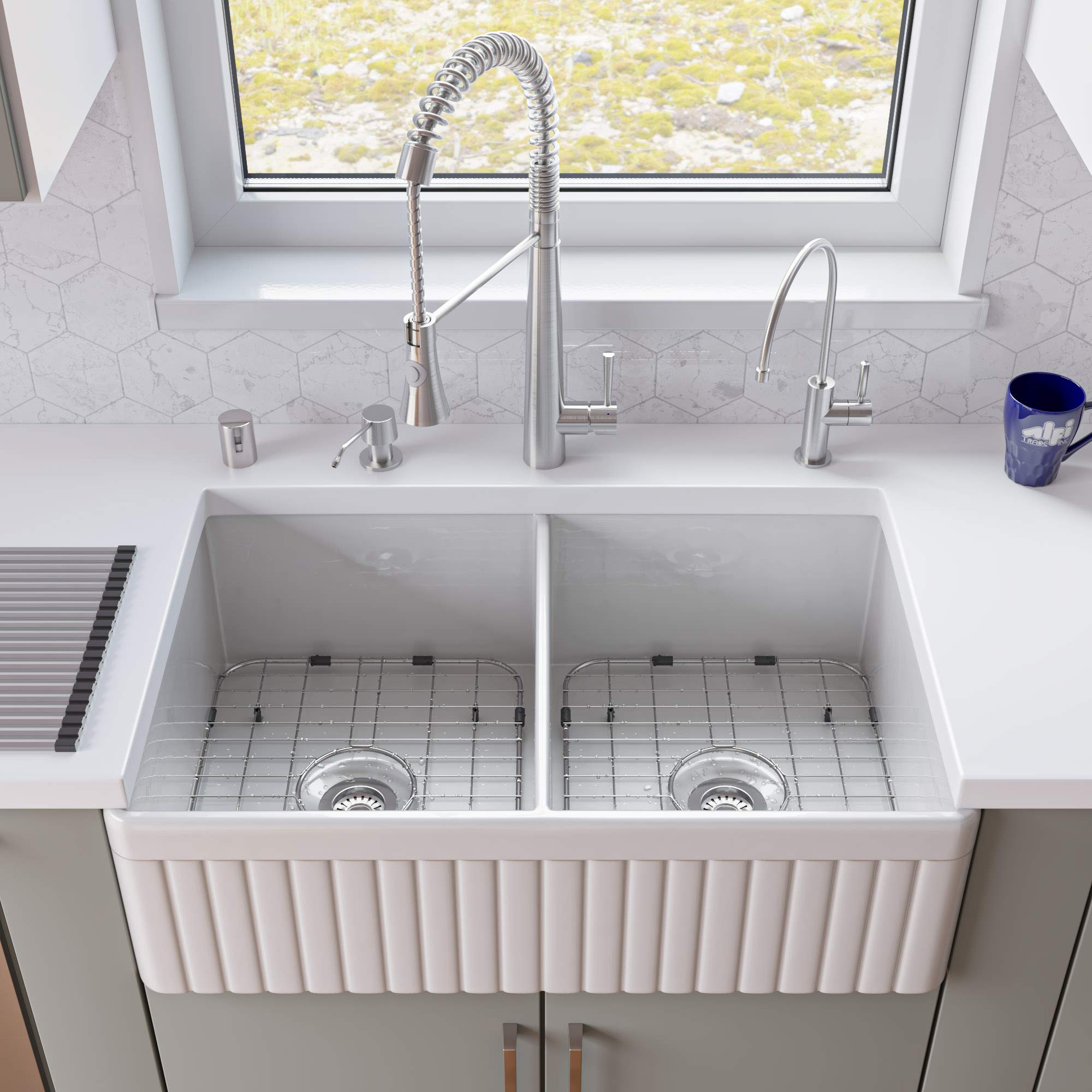 Alfi Brand Ab537 White 32-Inch Fluted Double Bowl Fireclay Farmhouse Kitchen Sink White