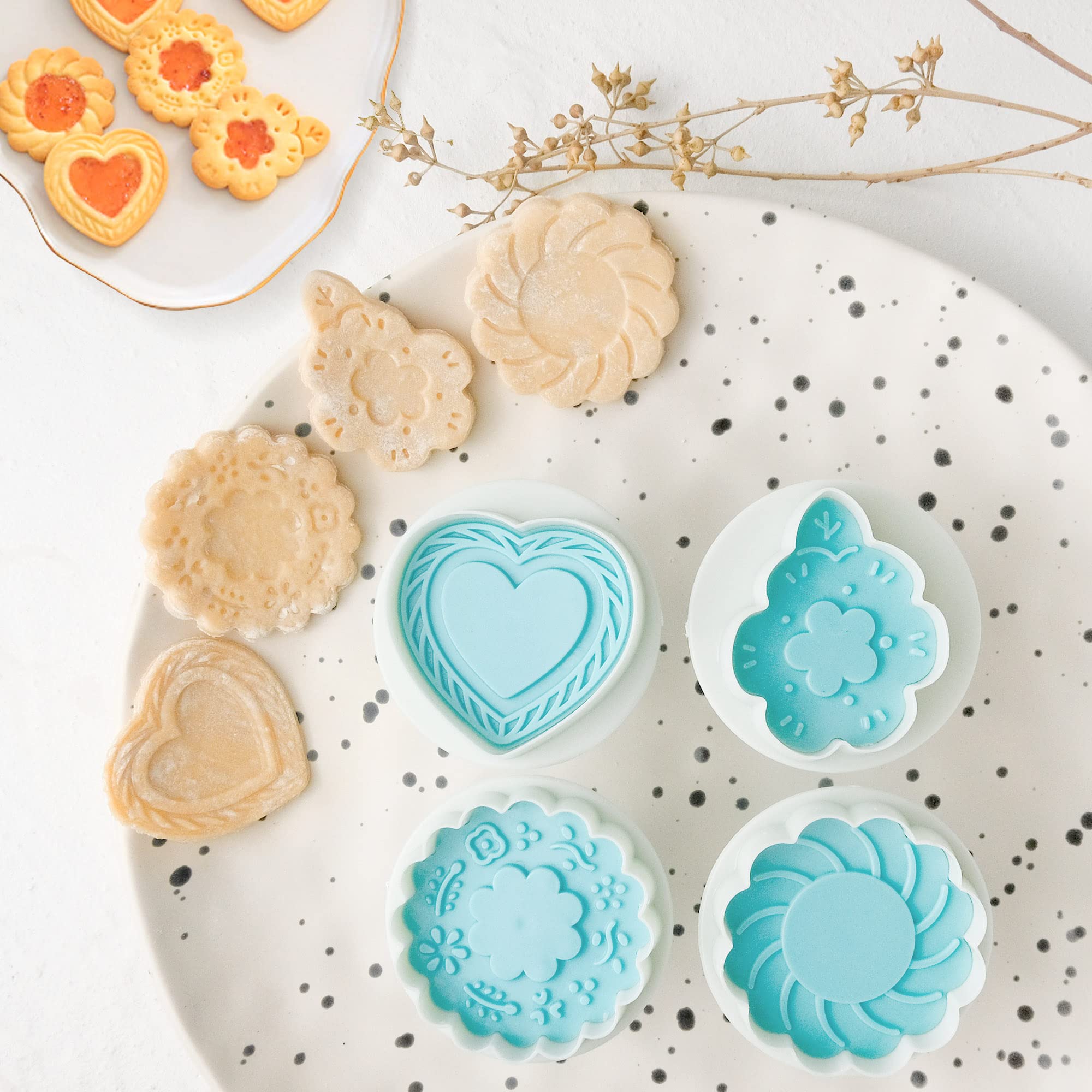 Cookie Stamps Set Of 4, Cookie Press Mold, Decorating Supplies For Diy Baking, Cake, Pastry, Easy To Use-Flower Heart