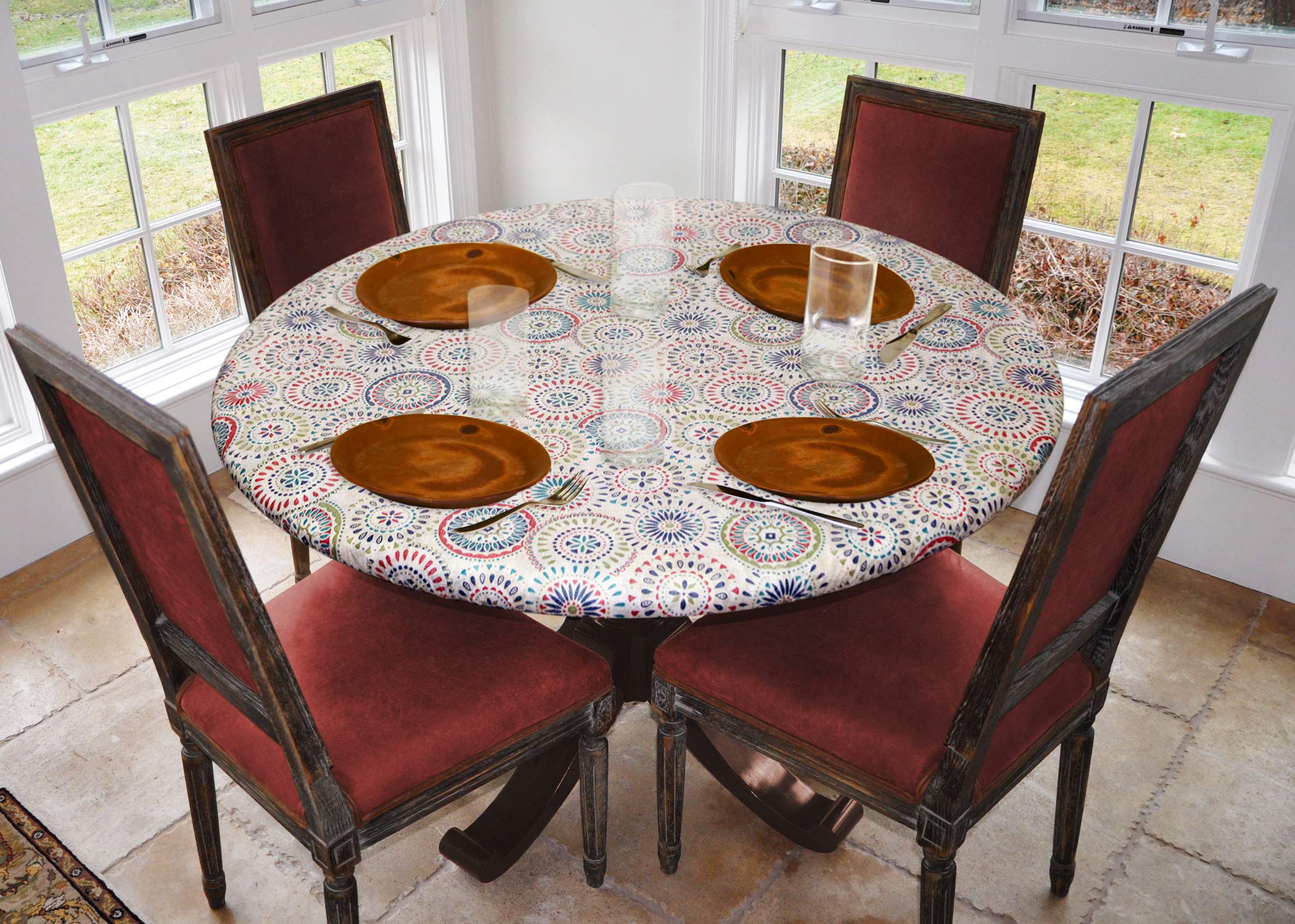 Covers For The Home Deluxe Elastic Edged Flannel Backed Vinyl Fitted Table Cover - Medallion Pattern - Small Round - Fits Tables